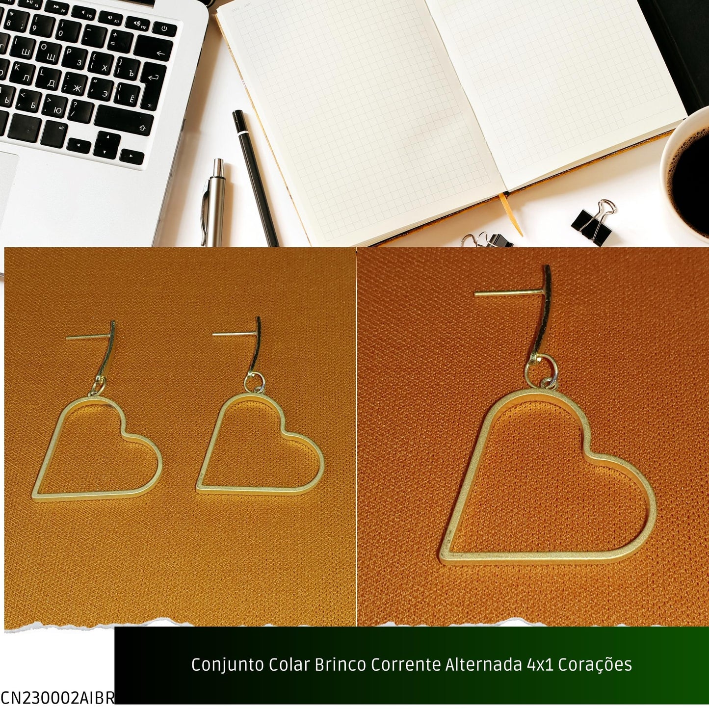Conjunto Colar Brinco Corrente Alternada 4x1 Corações  - Código.: CN230002AIBR  - Peso.: 7.5 gr