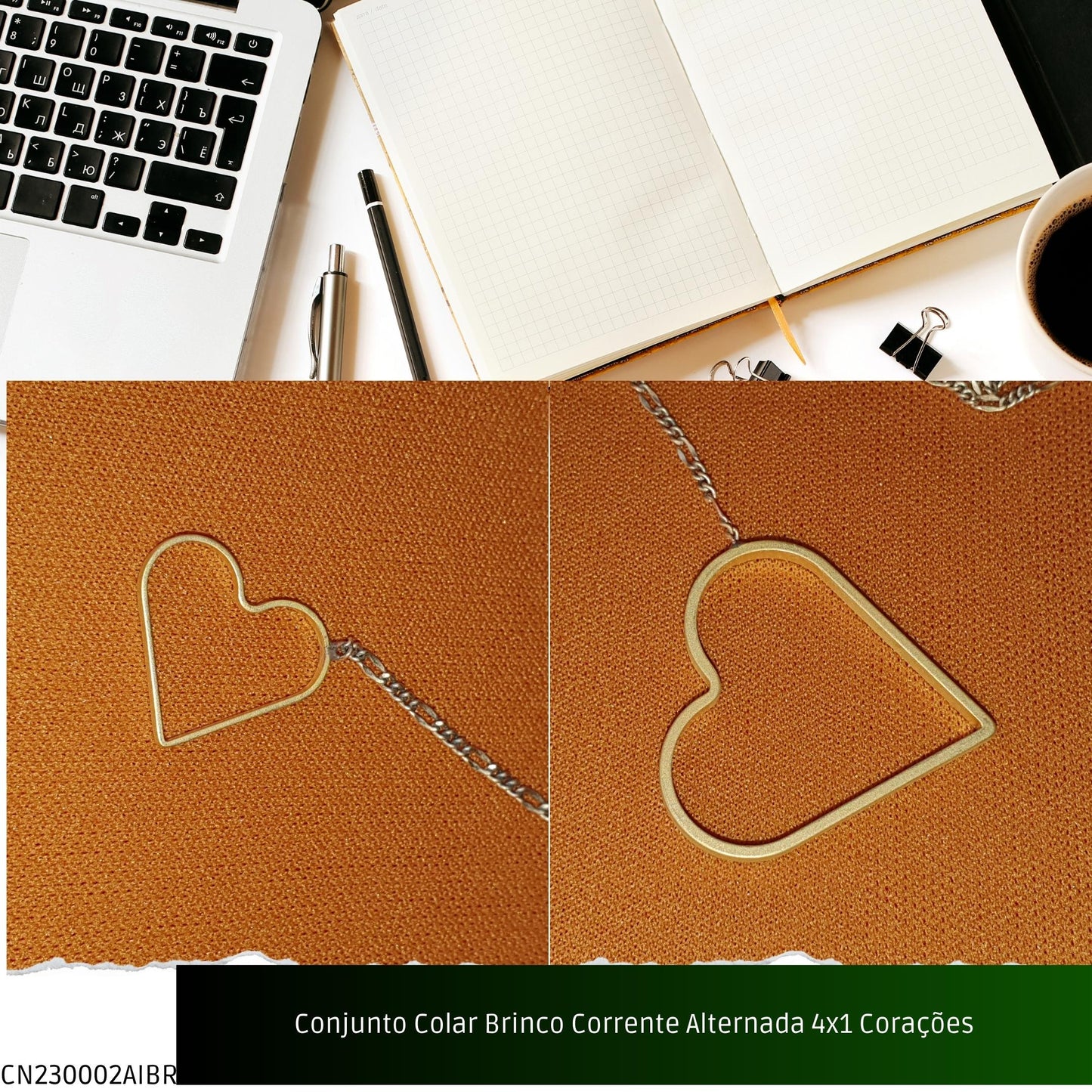Conjunto Colar Brinco Corrente Alternada 4x1 Corações  - Código.: CN230002AIBR  - Peso.: 7.5 gr