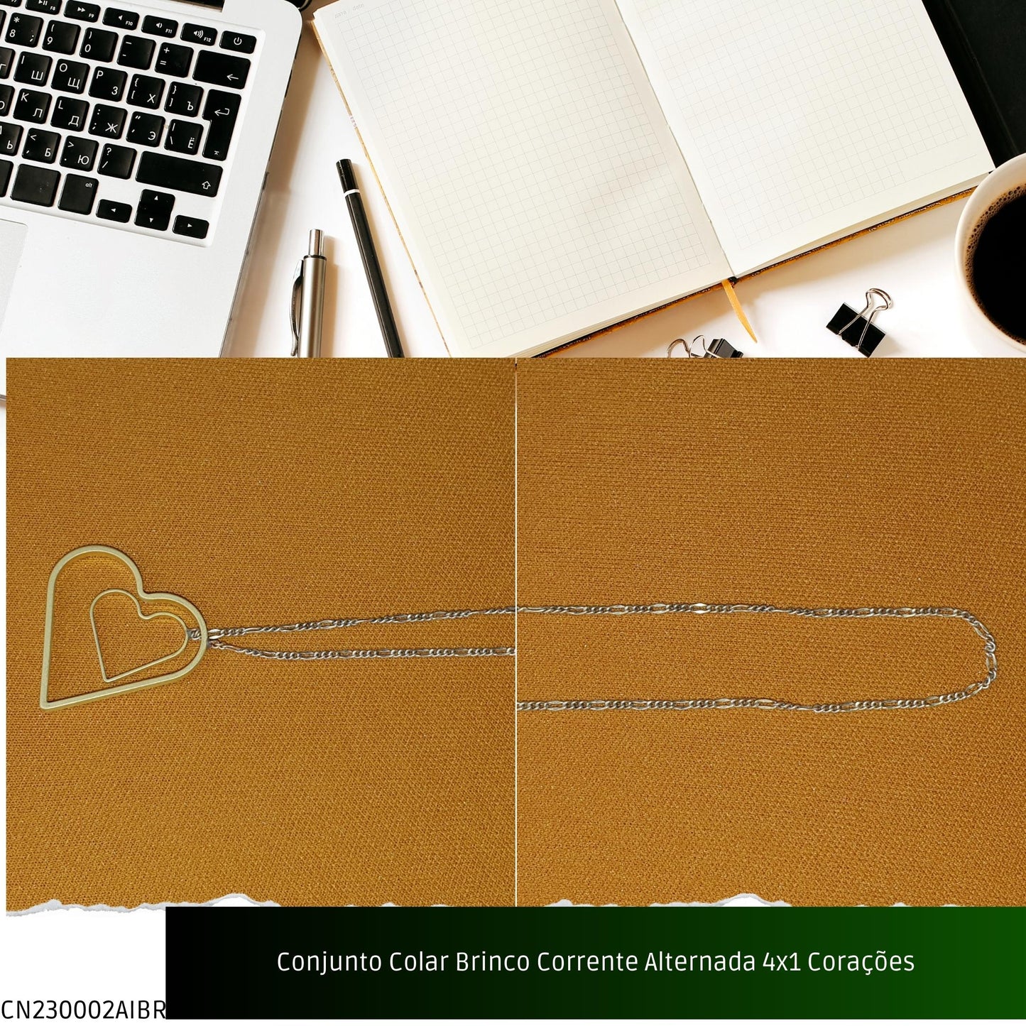 Conjunto Colar Brinco Corrente Alternada 4x1 Corações  - Código.: CN230002AIBR  - Peso.: 7.5 gr