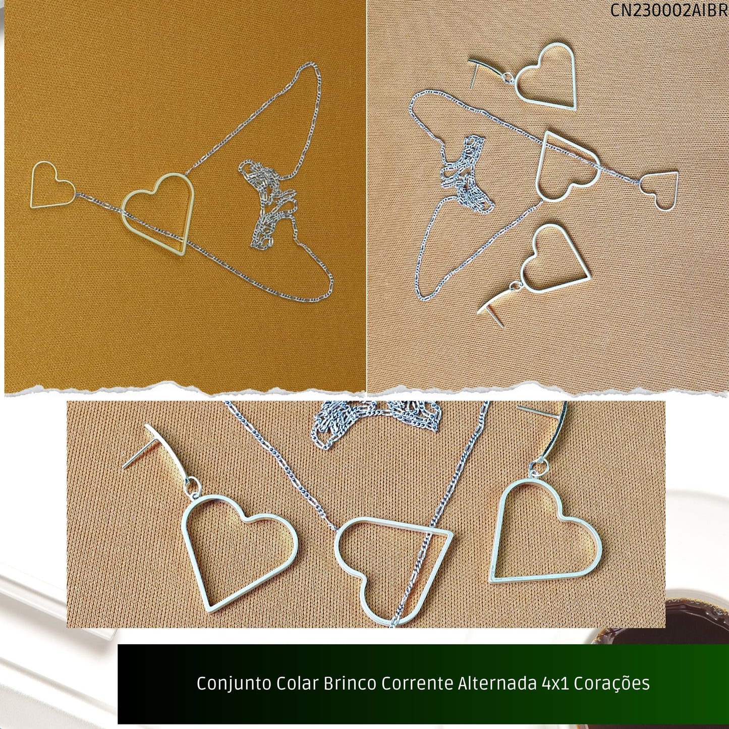 Conjunto Colar Brinco Corrente Alternada 4x1 Corações  - Código.: CN230002AIBR  - Peso.: 7.5 gr