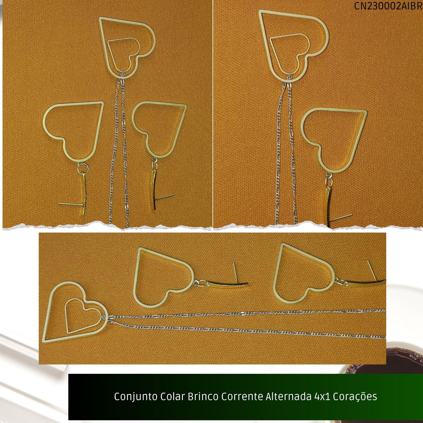 Conjunto Colar Brinco Corrente Alternada 4x1 Corações  - Código.: CN230002AIBR  - Peso.: 7.5 gr
