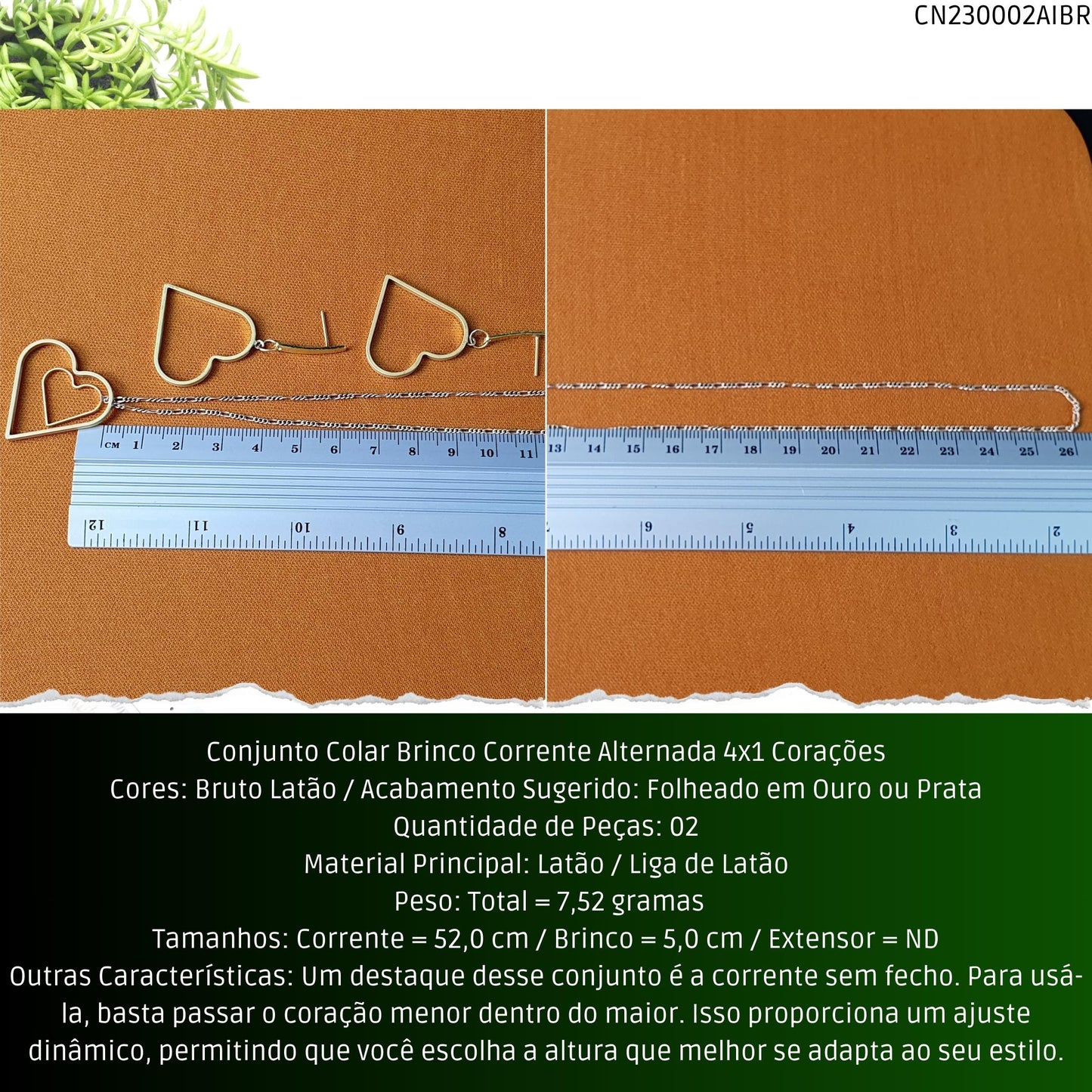 Conjunto Colar Brinco Corrente Alternada 4x1 Corações  - Código.: CN230002AIBR  - Peso.: 7.5 gr