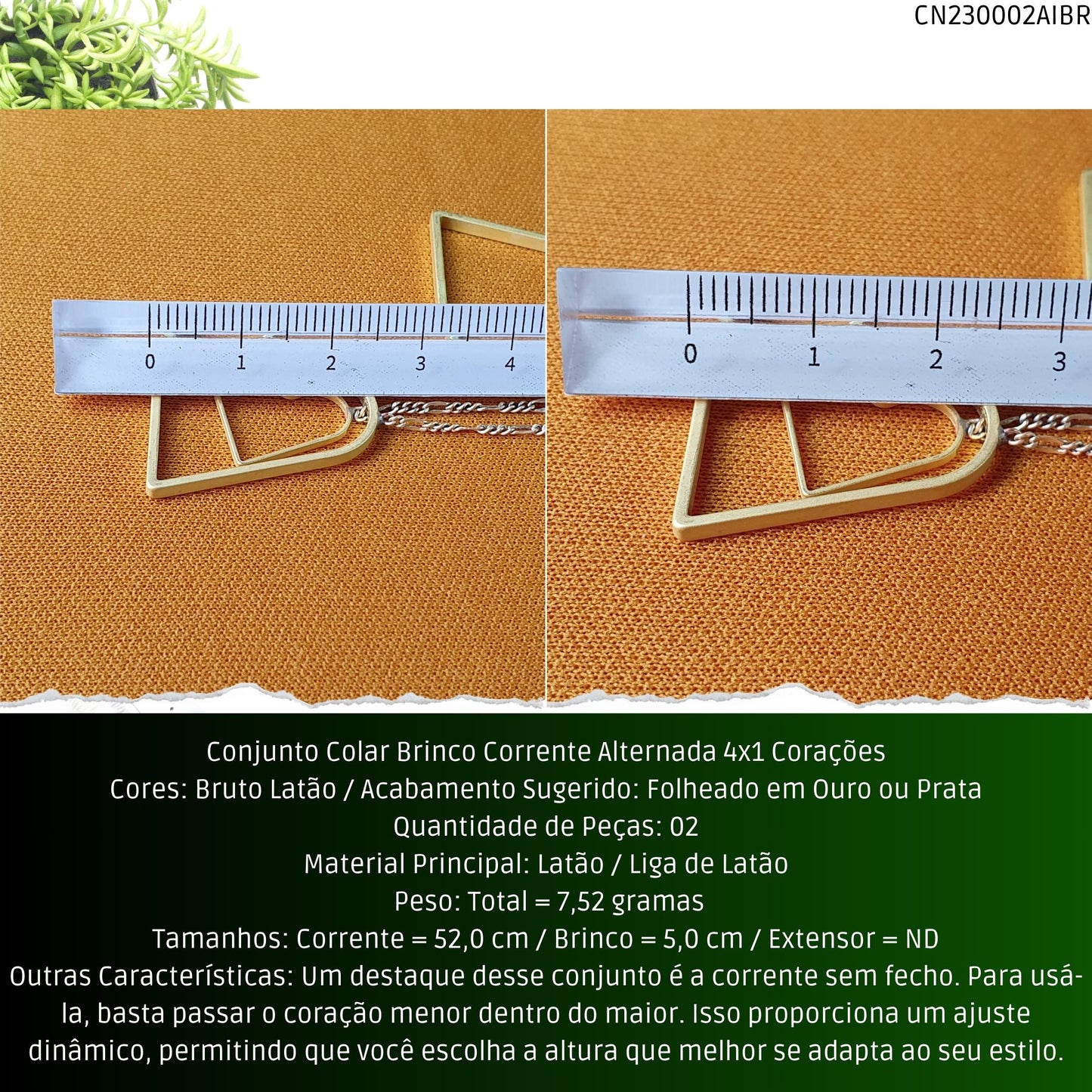 Conjunto Colar Brinco Corrente Alternada 4x1 Corações  - Código.: CN230002AIBR  - Peso.: 7.5 gr
