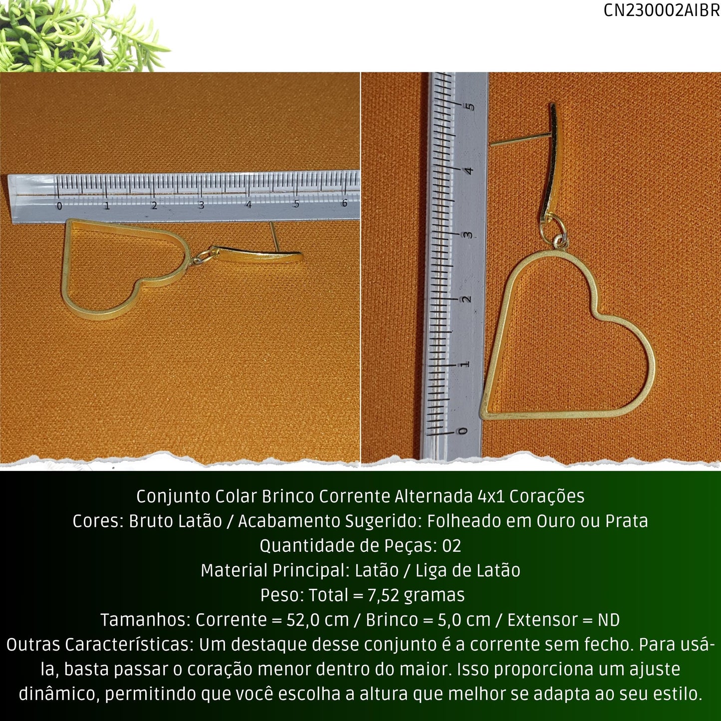 Conjunto Colar Brinco Corrente Alternada 4x1 Corações  - Código.: CN230002AIBR  - Peso.: 7.5 gr