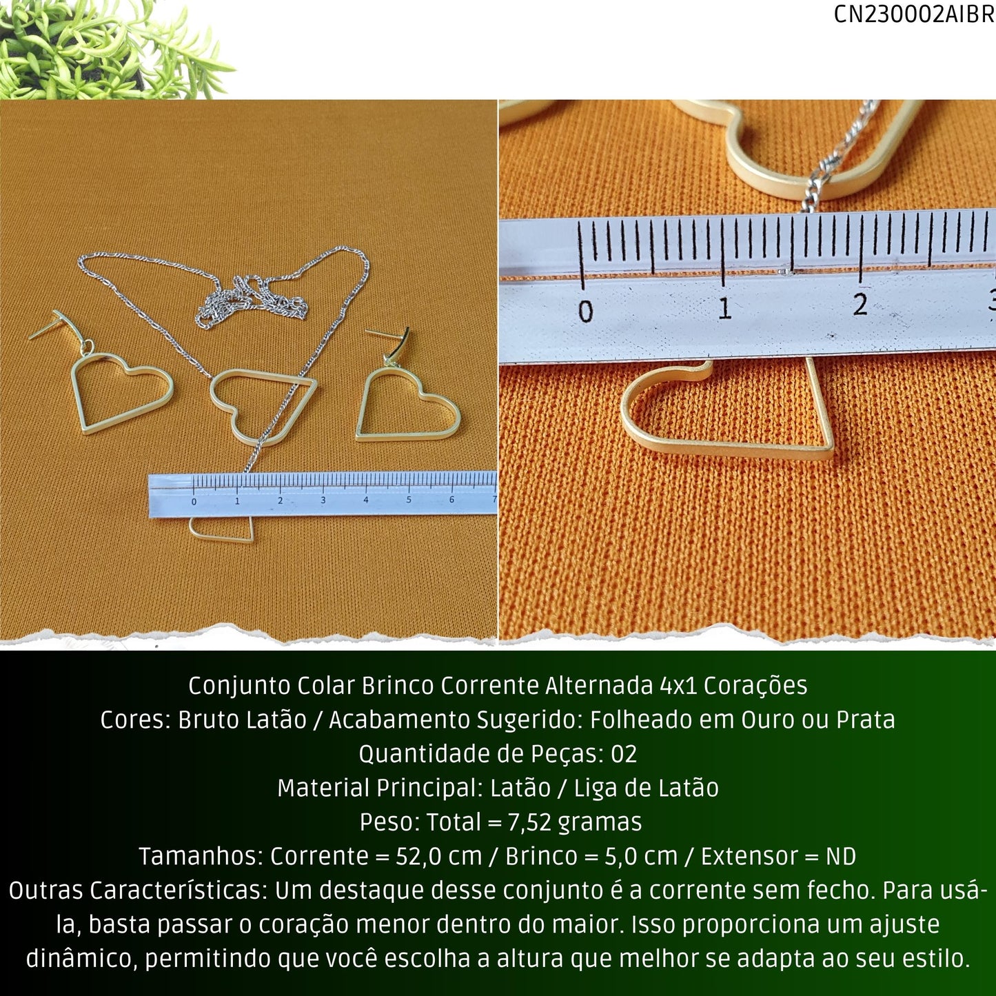 Conjunto Colar Brinco Corrente Alternada 4x1 Corações  - Código.: CN230002AIBR  - Peso.: 7.5 gr