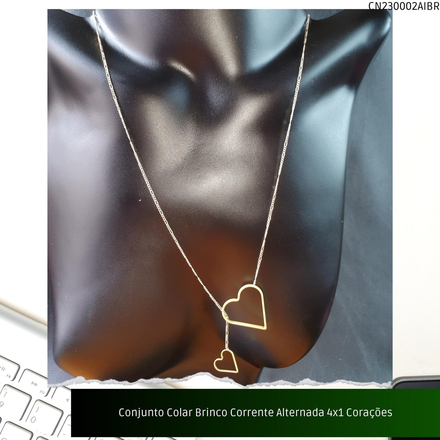 Conjunto Colar Brinco Corrente Alternada 4x1 Corações  - Código.: CN230002AIBR  - Peso.: 7.5 gr
