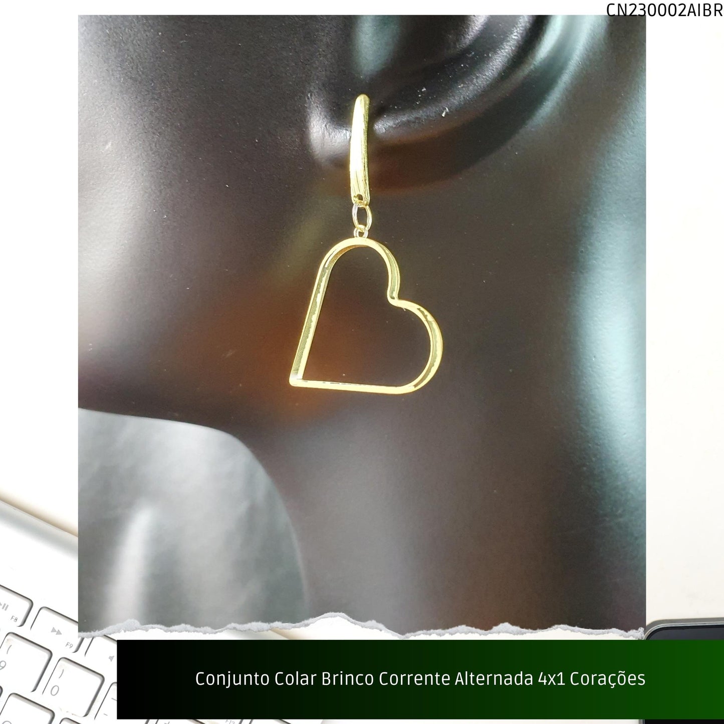 Conjunto Colar Brinco Corrente Alternada 4x1 Corações  - Código.: CN230002AIBR  - Peso.: 7.5 gr