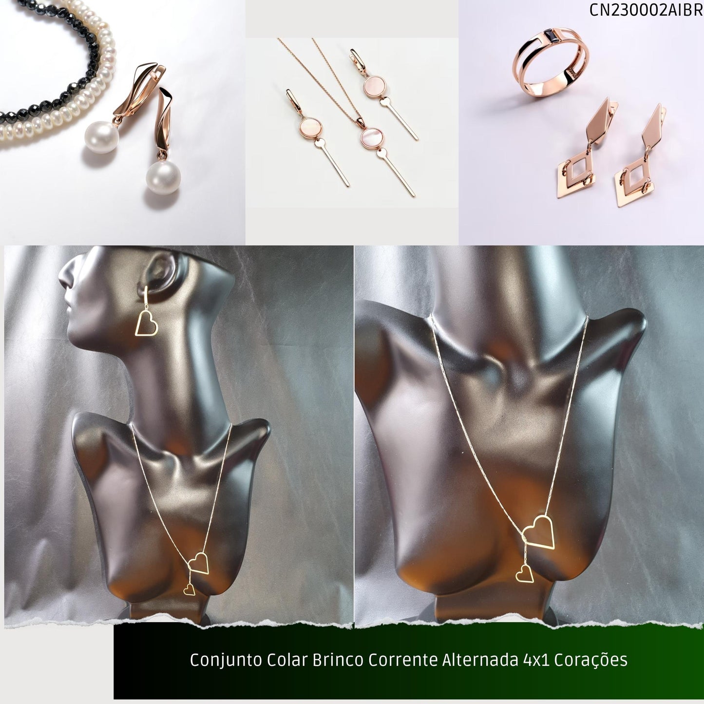 Conjunto Colar Brinco Corrente Alternada 4x1 Corações  - Código.: CN230002AIBR  - Peso.: 7.5 gr
