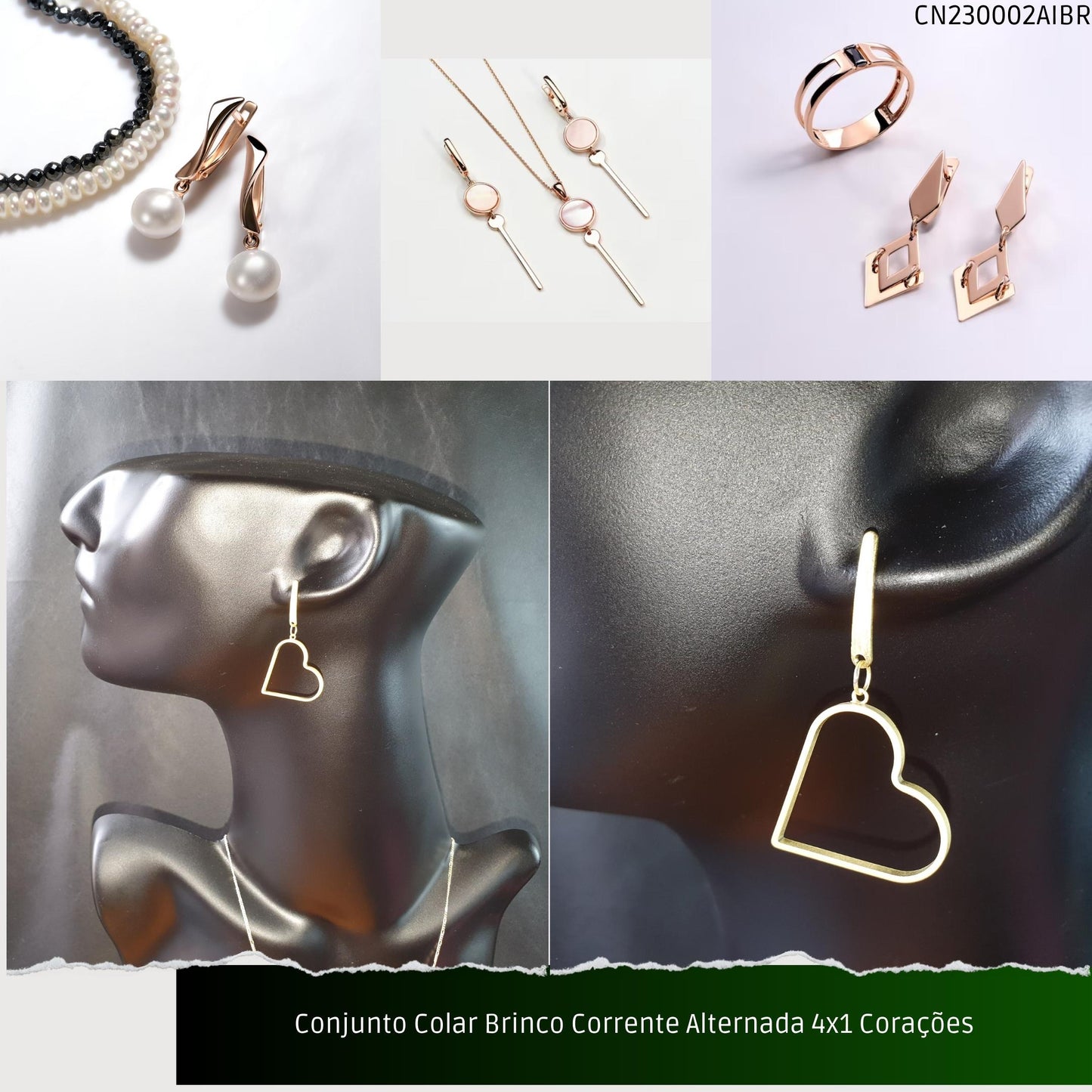 Conjunto Colar Brinco Corrente Alternada 4x1 Corações  - Código.: CN230002AIBR  - Peso.: 7.5 gr