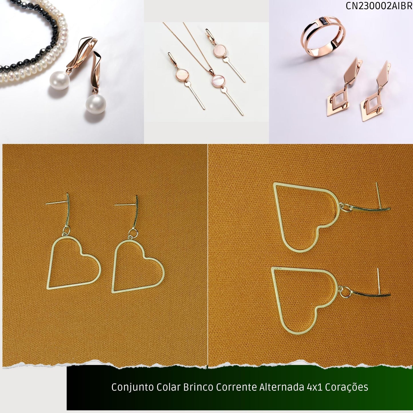 Conjunto Colar Brinco Corrente Alternada 4x1 Corações  - Código.: CN230002AIBR  - Peso.: 7.5 gr