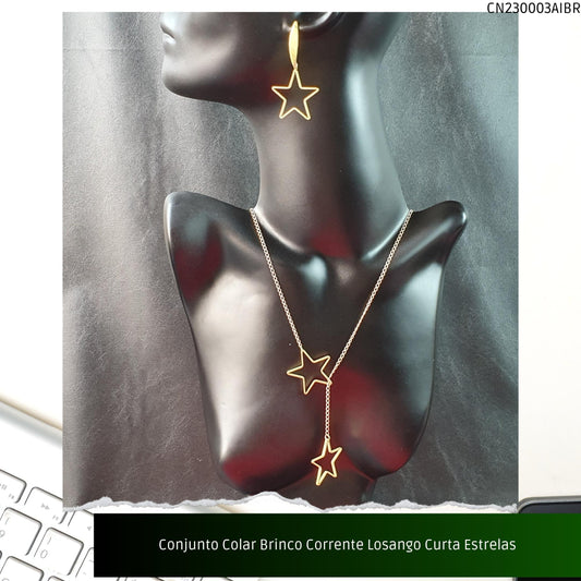 Conjunto Colar Brinco Corrente Losango Curta Estrelas  - Código.: CN230003AIBR  - Peso.: 13.6 gr