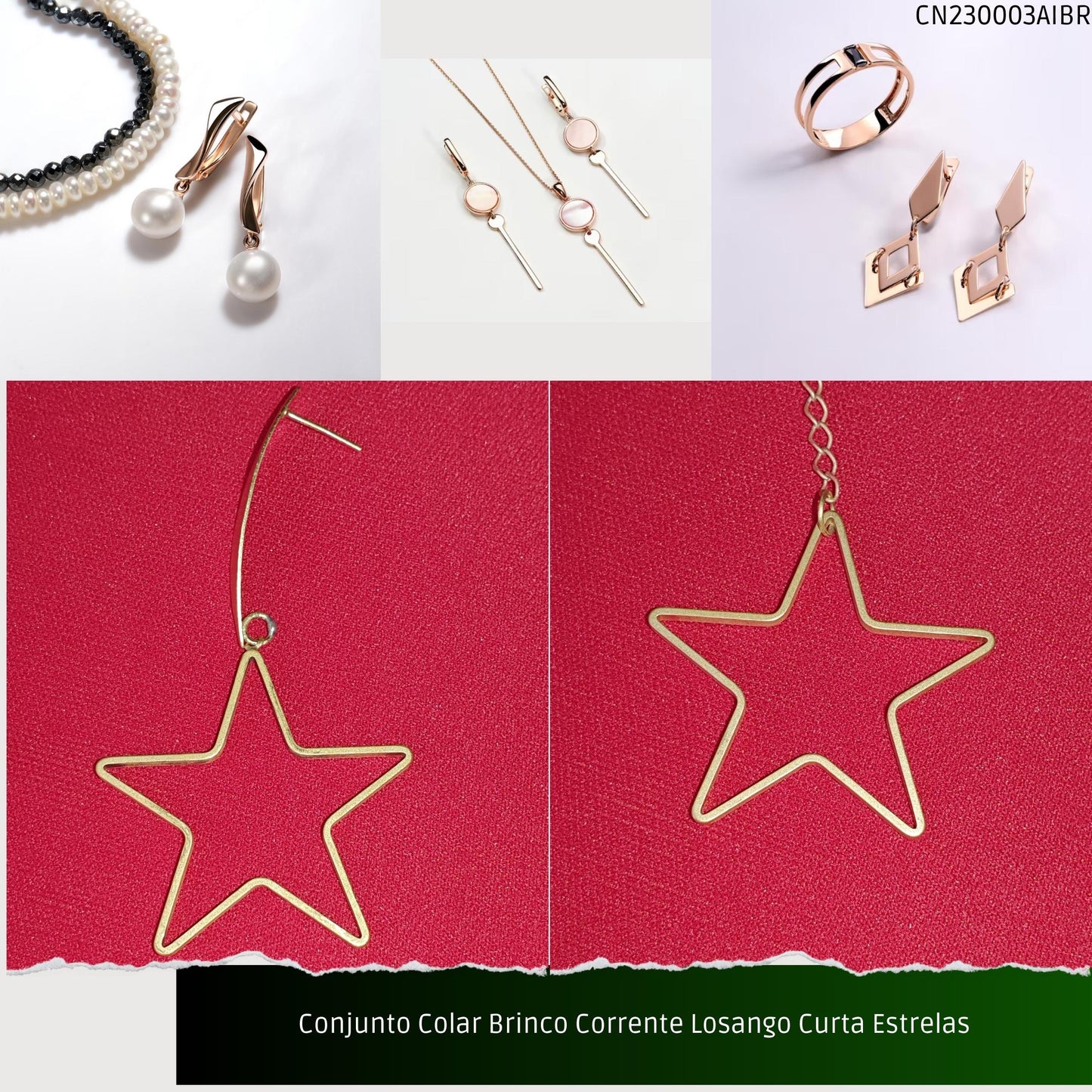 Conjunto Colar Brinco Corrente Losango Curta Estrelas  - Código.: CN230003AIBR  - Peso.: 13.6 gr