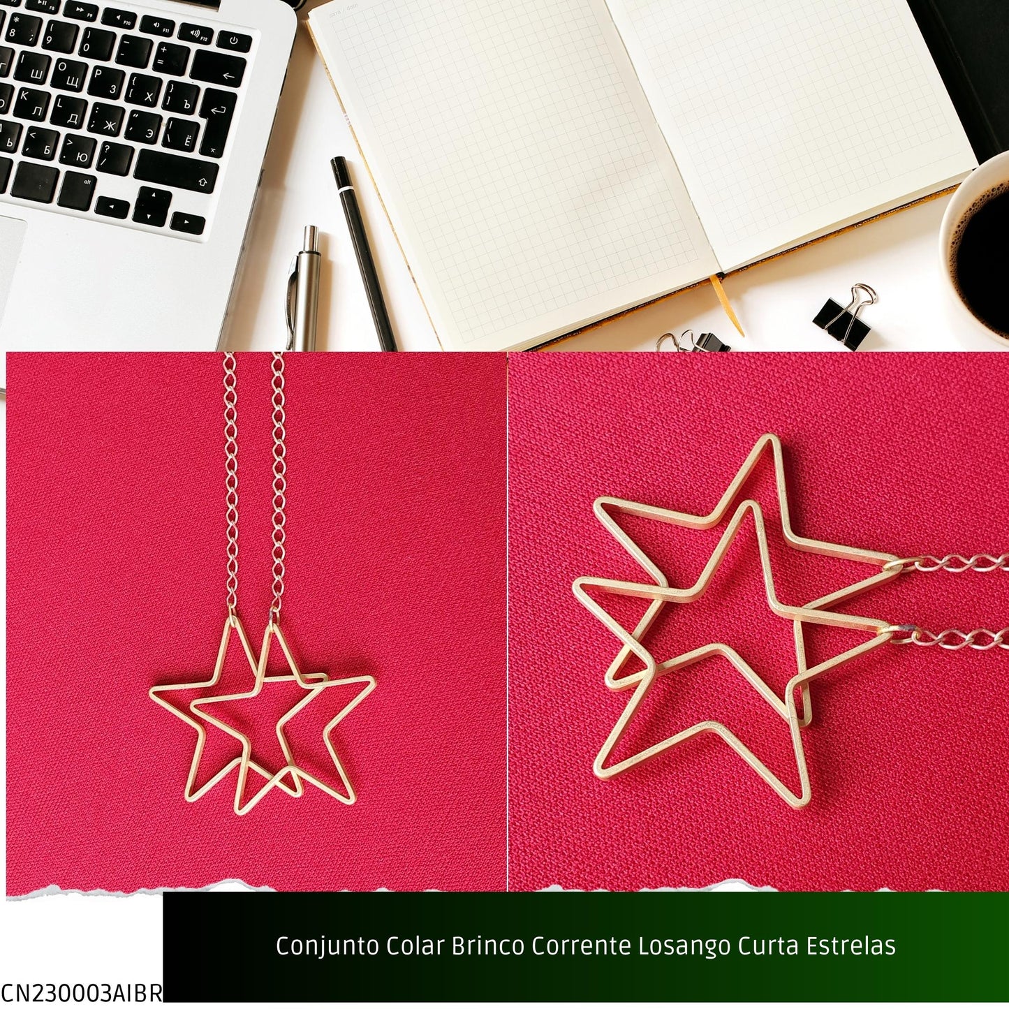 Conjunto Colar Brinco Corrente Losango Curta Estrelas  - Código.: CN230003AIBR  - Peso.: 13.6 gr
