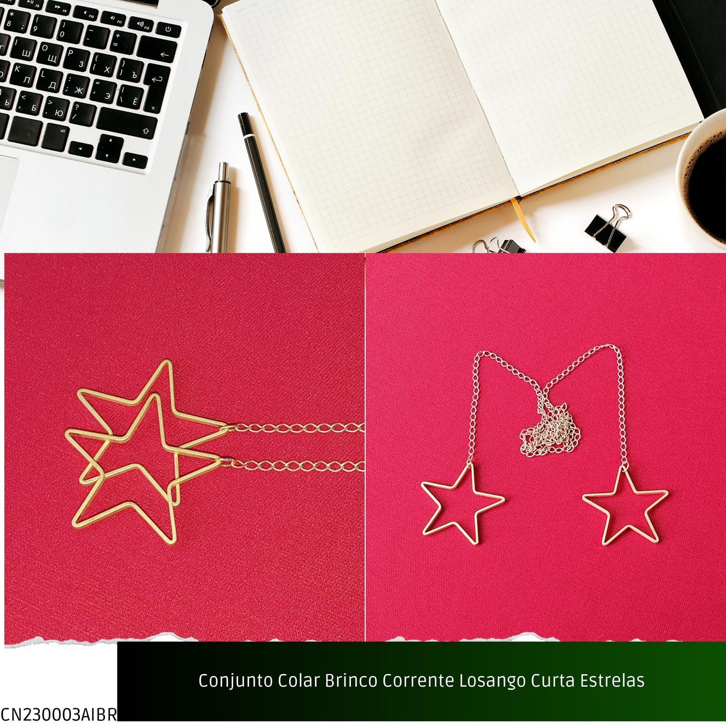 Conjunto Colar Brinco Corrente Losango Curta Estrelas  - Código.: CN230003AIBR  - Peso.: 13.6 gr