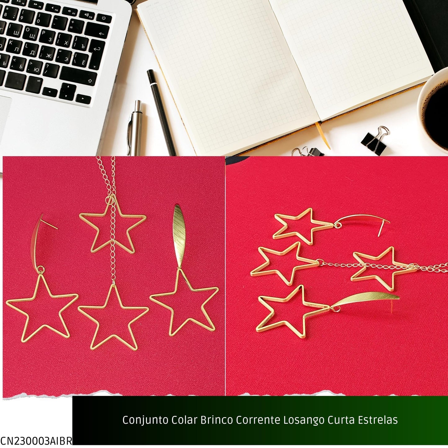 Conjunto Colar Brinco Corrente Losango Curta Estrelas  - Código.: CN230003AIBR  - Peso.: 13.6 gr