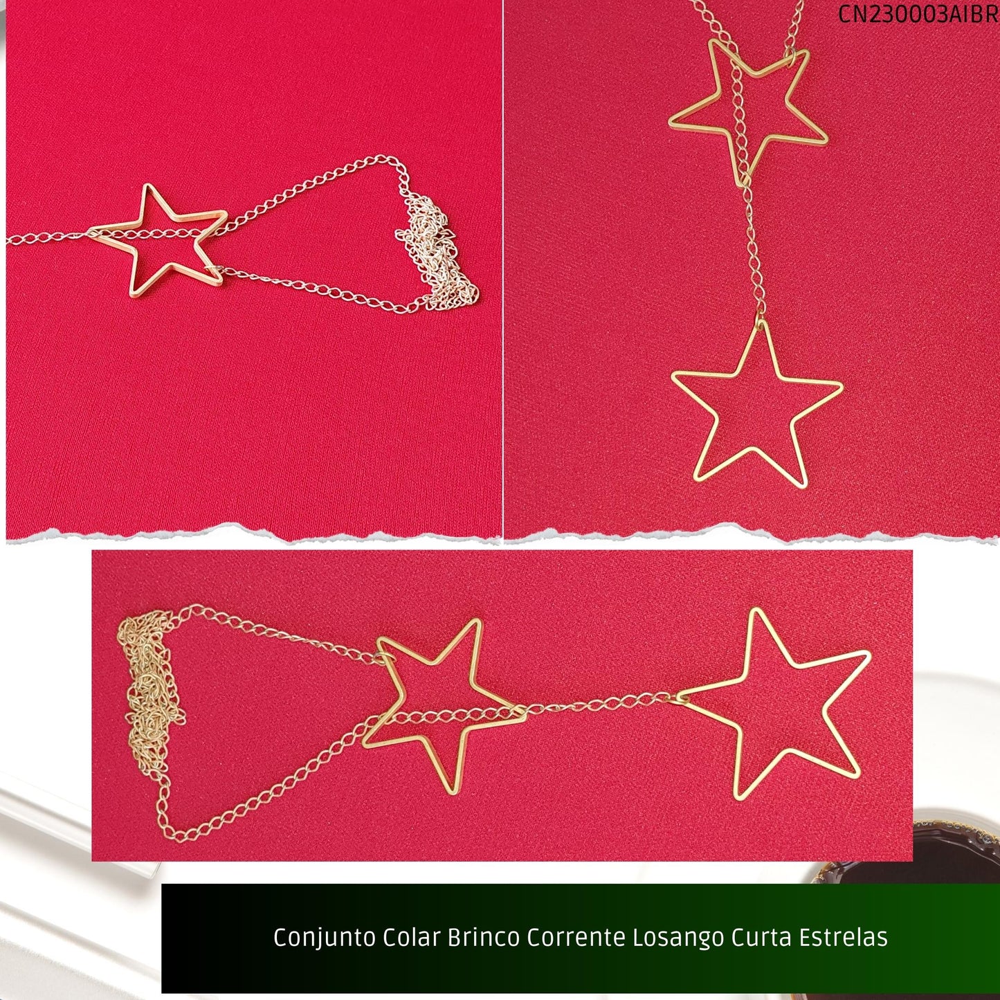 Conjunto Colar Brinco Corrente Losango Curta Estrelas  - Código.: CN230003AIBR  - Peso.: 13.6 gr