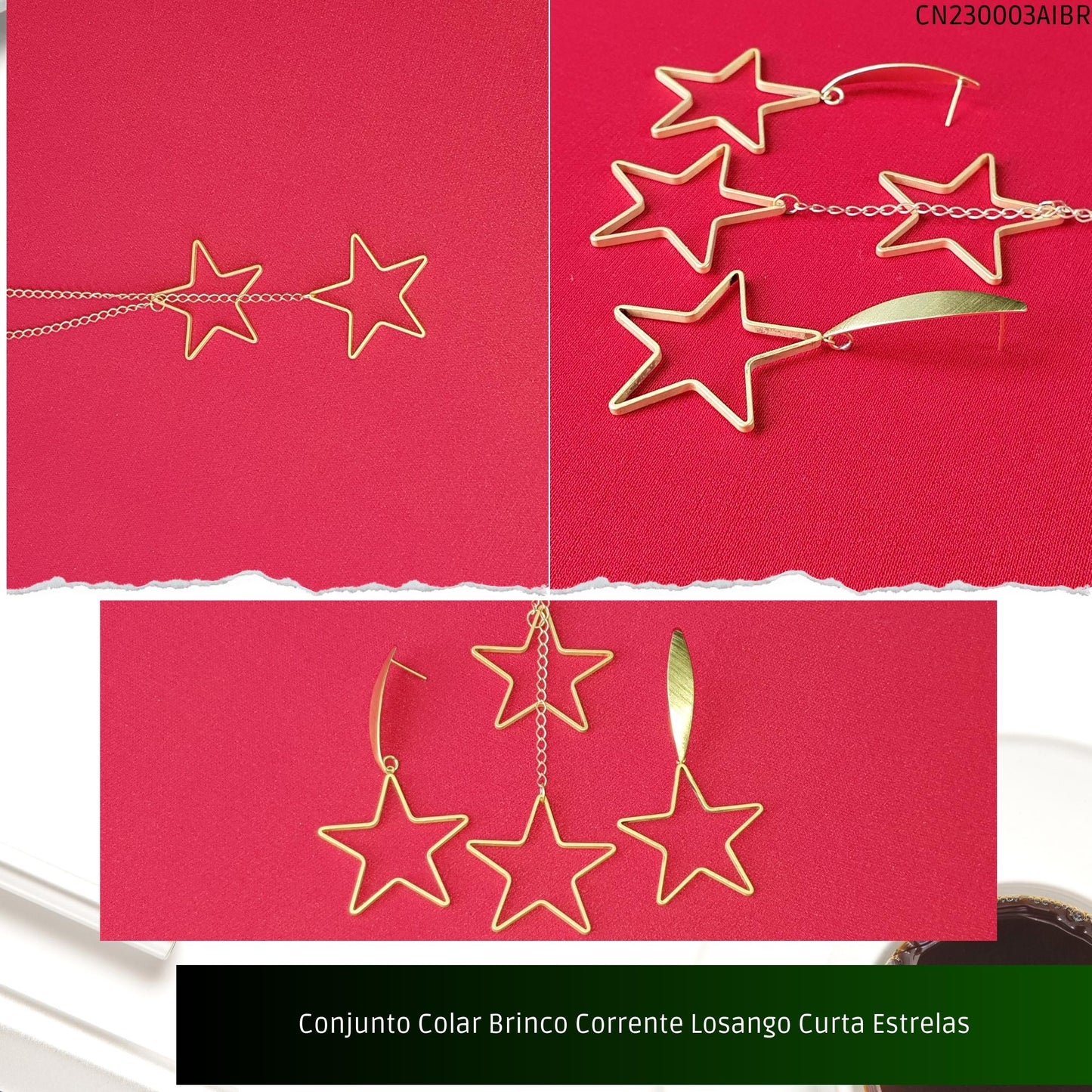 Conjunto Colar Brinco Corrente Losango Curta Estrelas  - Código.: CN230003AIBR  - Peso.: 13.6 gr