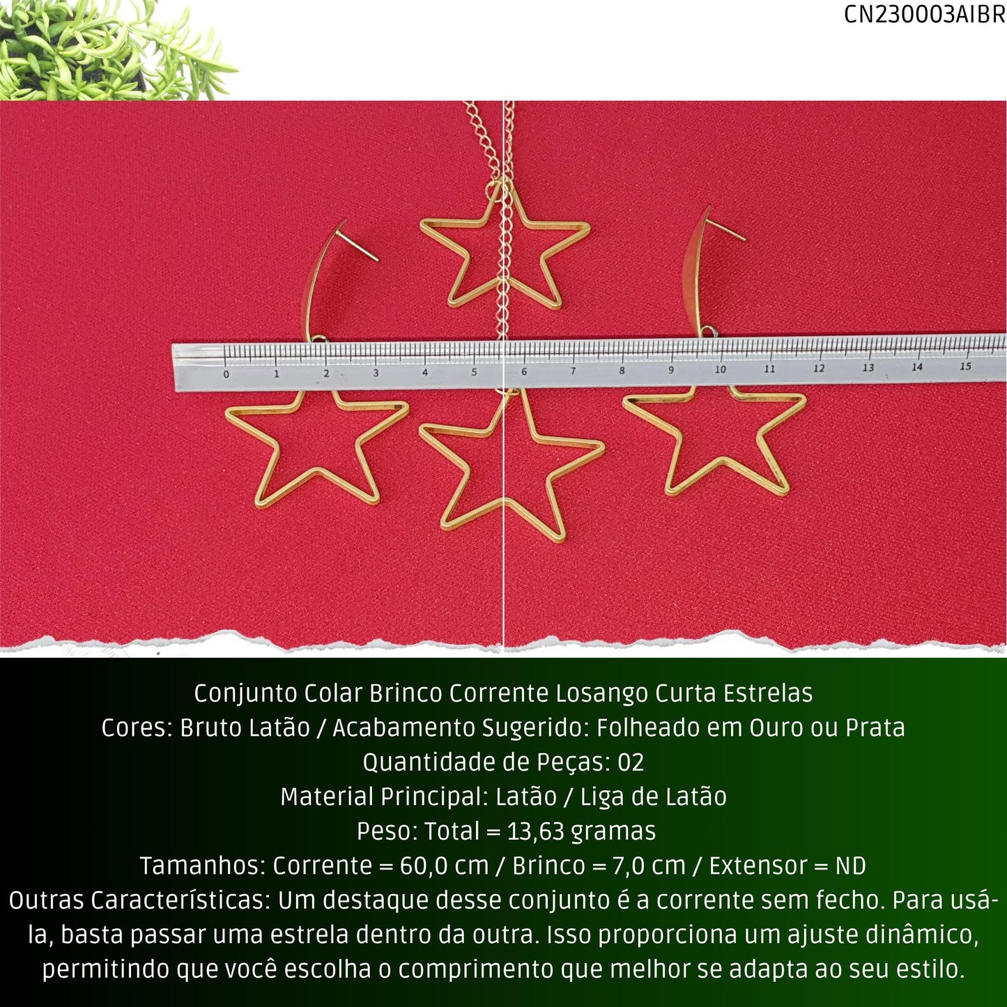 Conjunto Colar Brinco Corrente Losango Curta Estrelas  - Código.: CN230003AIBR  - Peso.: 13.6 gr