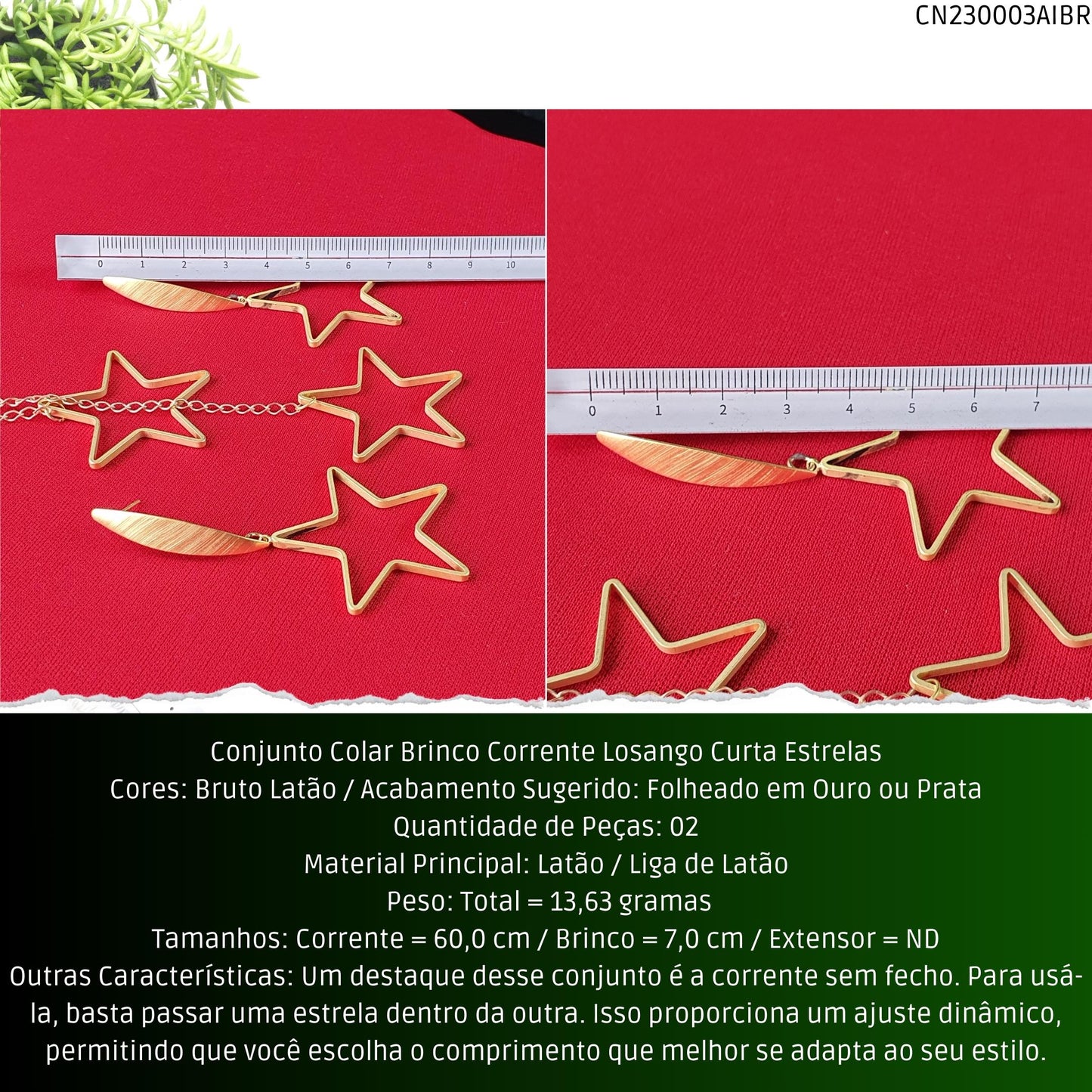 Conjunto Colar Brinco Corrente Losango Curta Estrelas  - Código.: CN230003AIBR  - Peso.: 13.6 gr