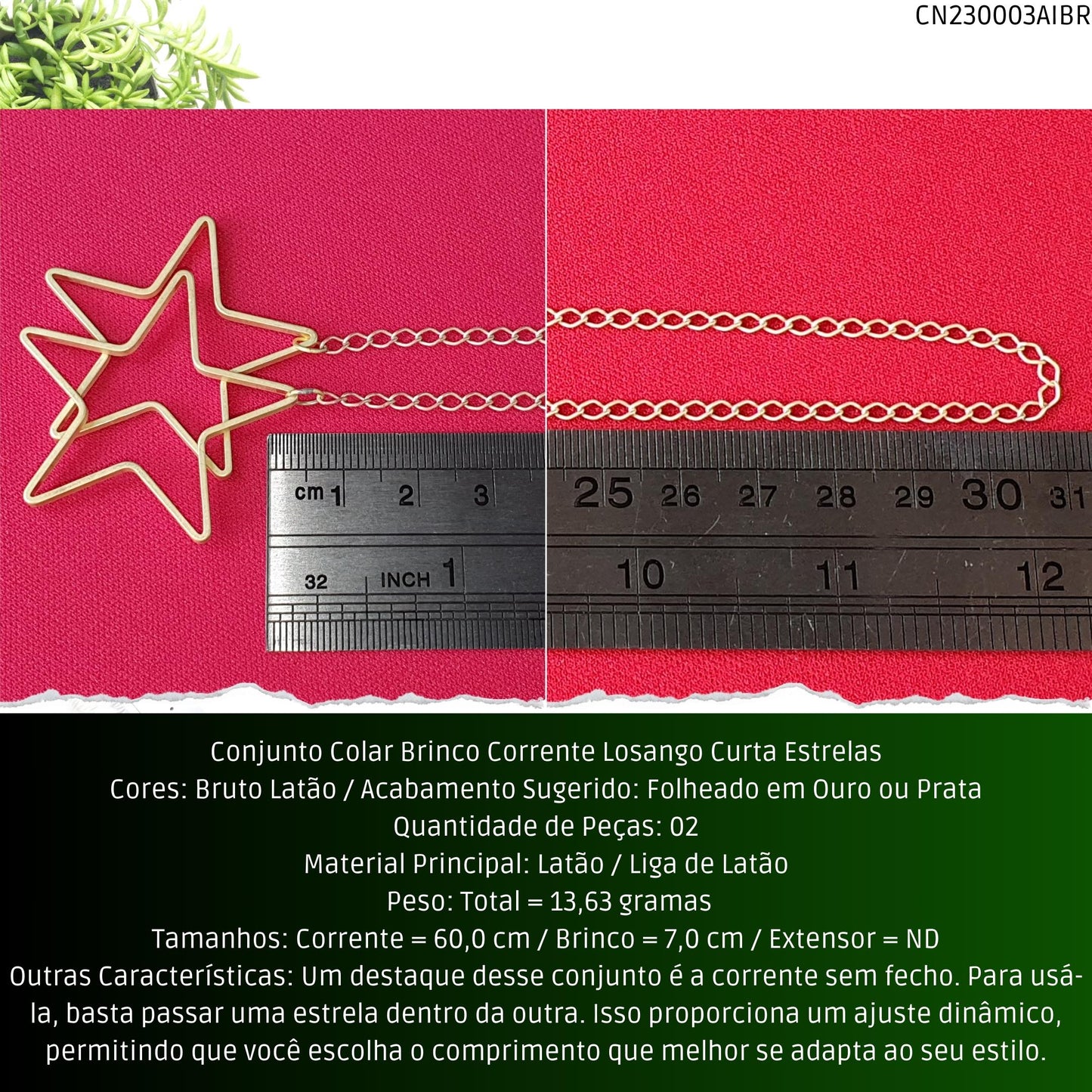 Conjunto Colar Brinco Corrente Losango Curta Estrelas  - Código.: CN230003AIBR  - Peso.: 13.6 gr