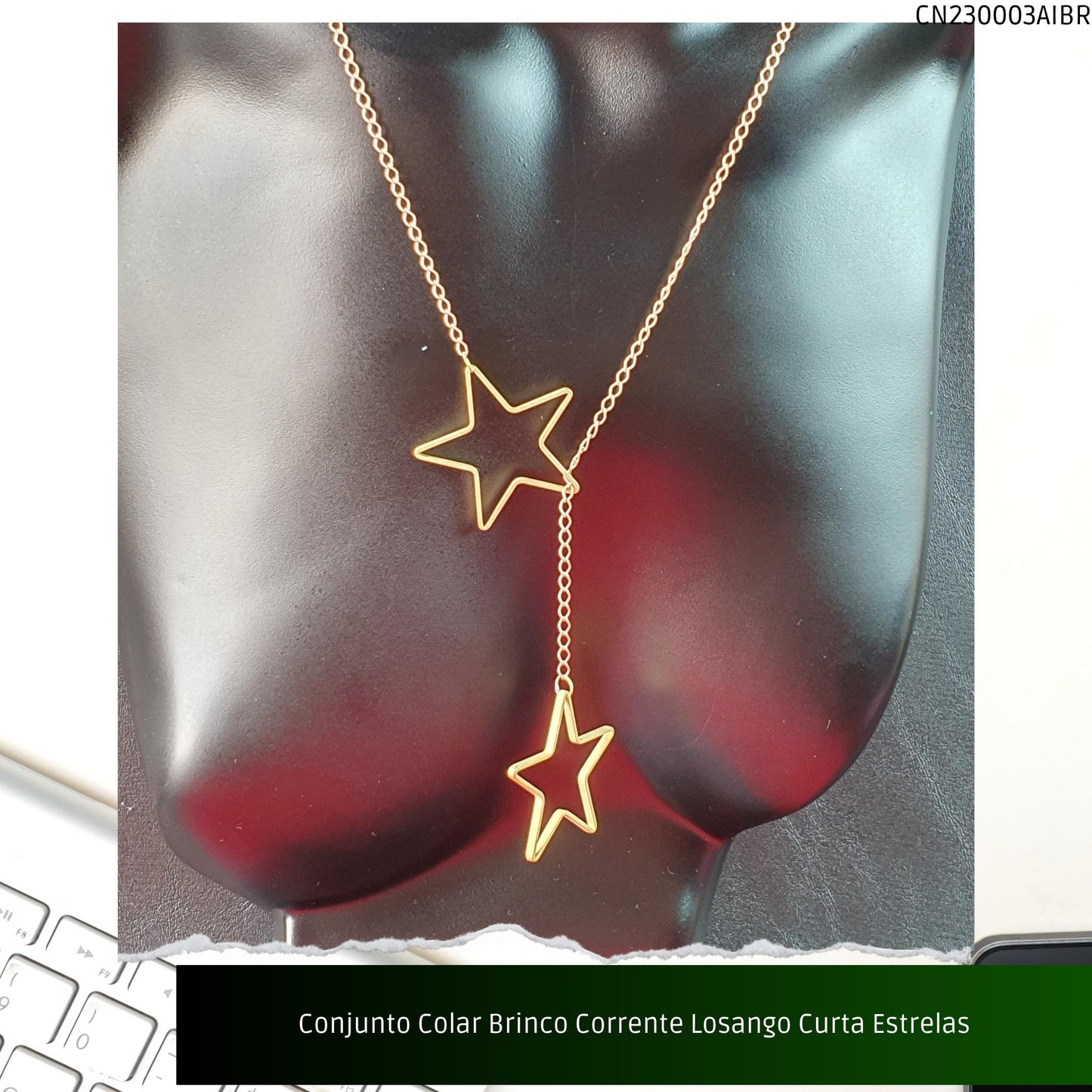 Conjunto Colar Brinco Corrente Losango Curta Estrelas  - Código.: CN230003AIBR  - Peso.: 13.6 gr