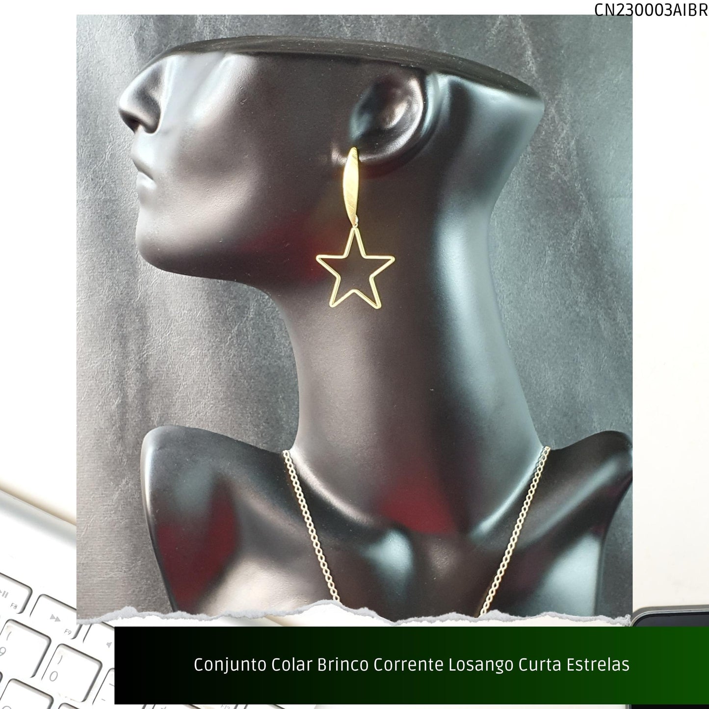 Conjunto Colar Brinco Corrente Losango Curta Estrelas  - Código.: CN230003AIBR  - Peso.: 13.6 gr