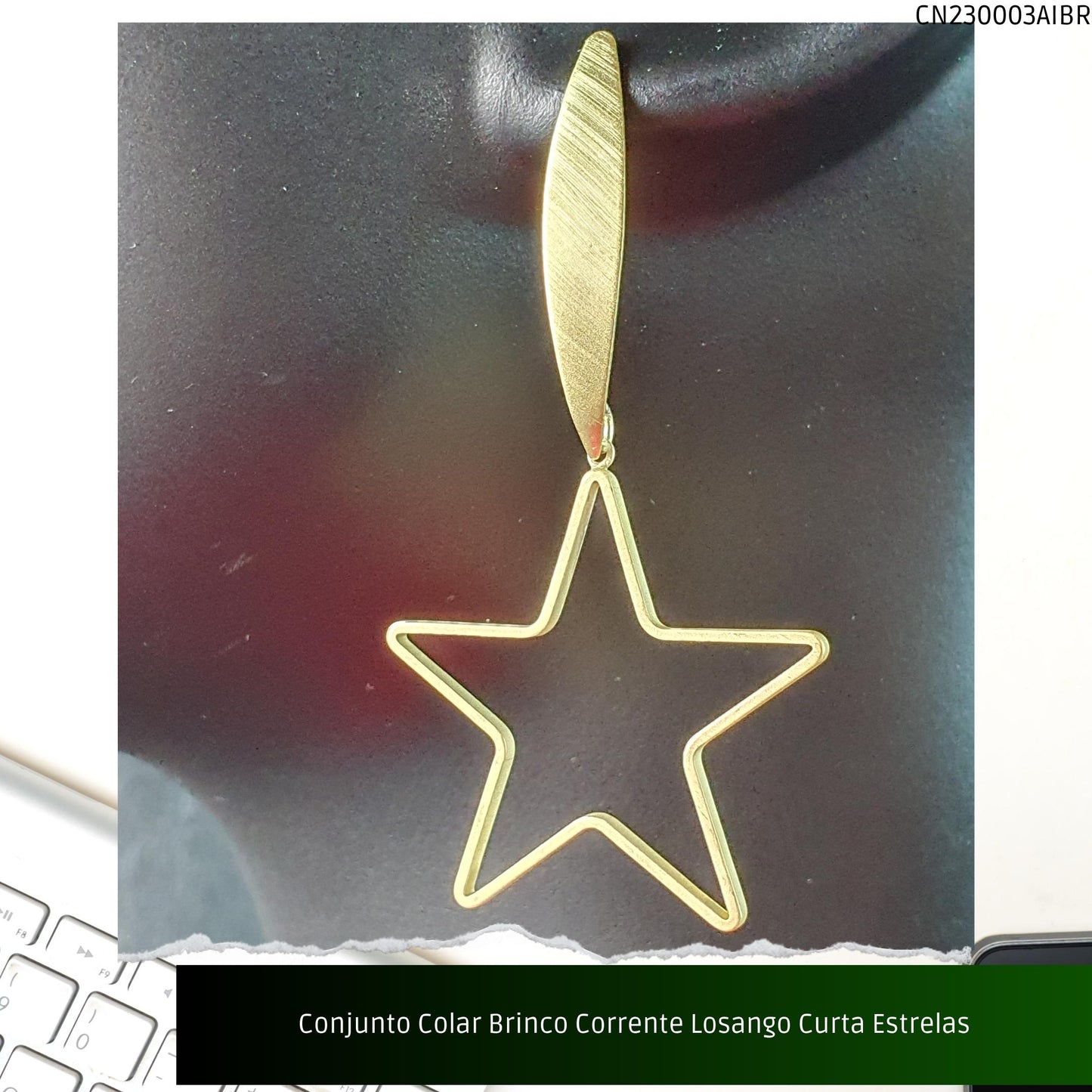 Conjunto Colar Brinco Corrente Losango Curta Estrelas  - Código.: CN230003AIBR  - Peso.: 13.6 gr