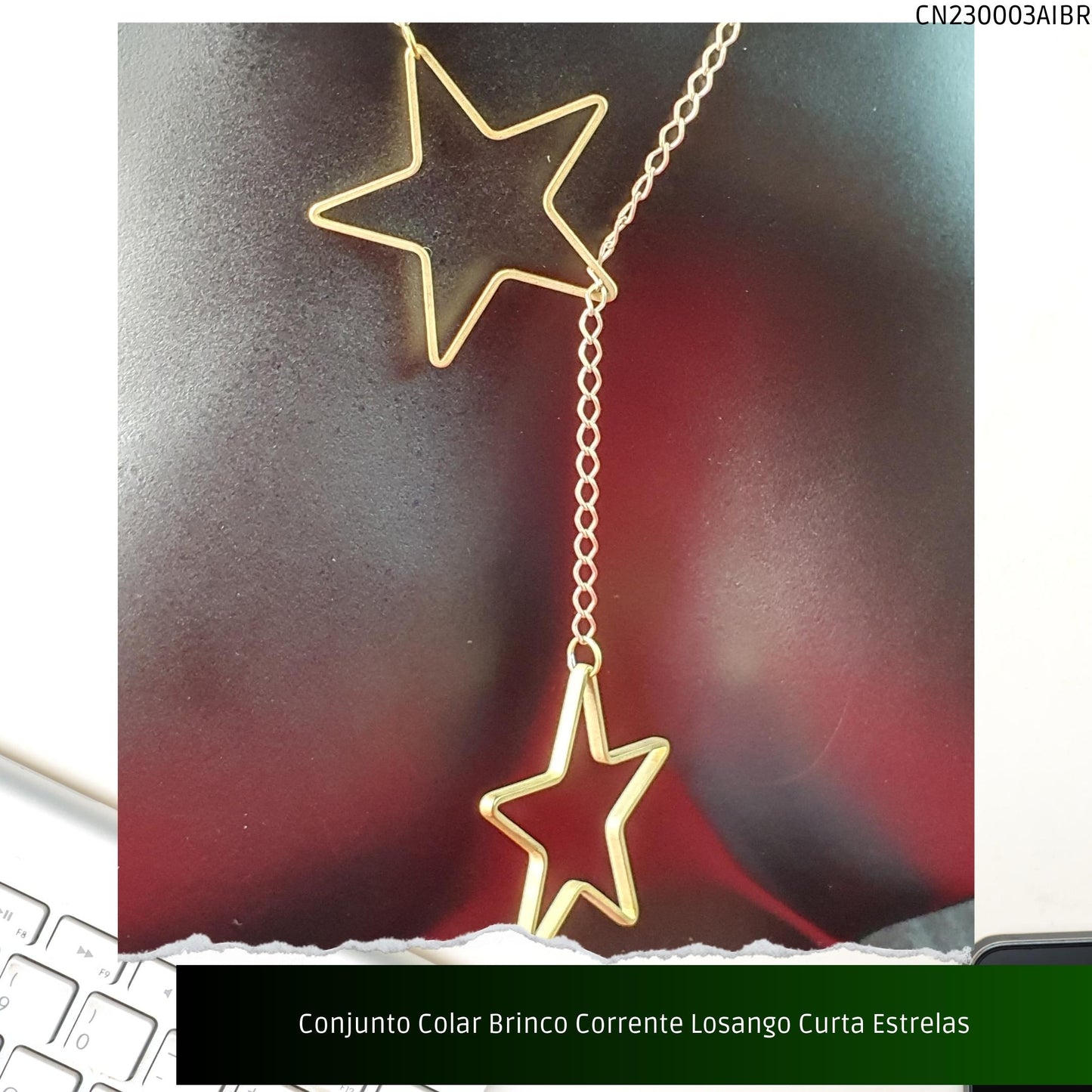 Conjunto Colar Brinco Corrente Losango Curta Estrelas  - Código.: CN230003AIBR  - Peso.: 13.6 gr