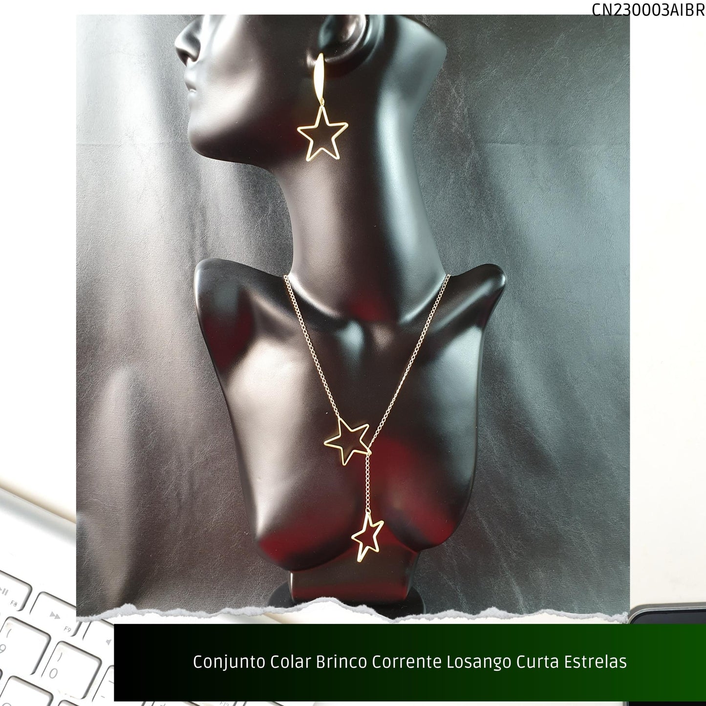 Conjunto Colar Brinco Corrente Losango Curta Estrelas  - Código.: CN230003AIBR  - Peso.: 13.6 gr