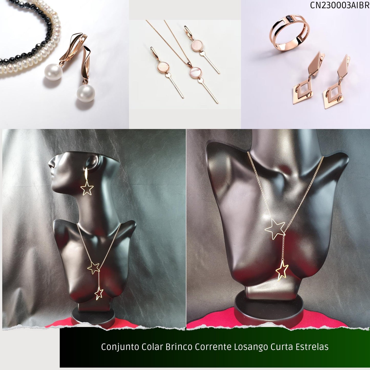 Conjunto Colar Brinco Corrente Losango Curta Estrelas  - Código.: CN230003AIBR  - Peso.: 13.6 gr