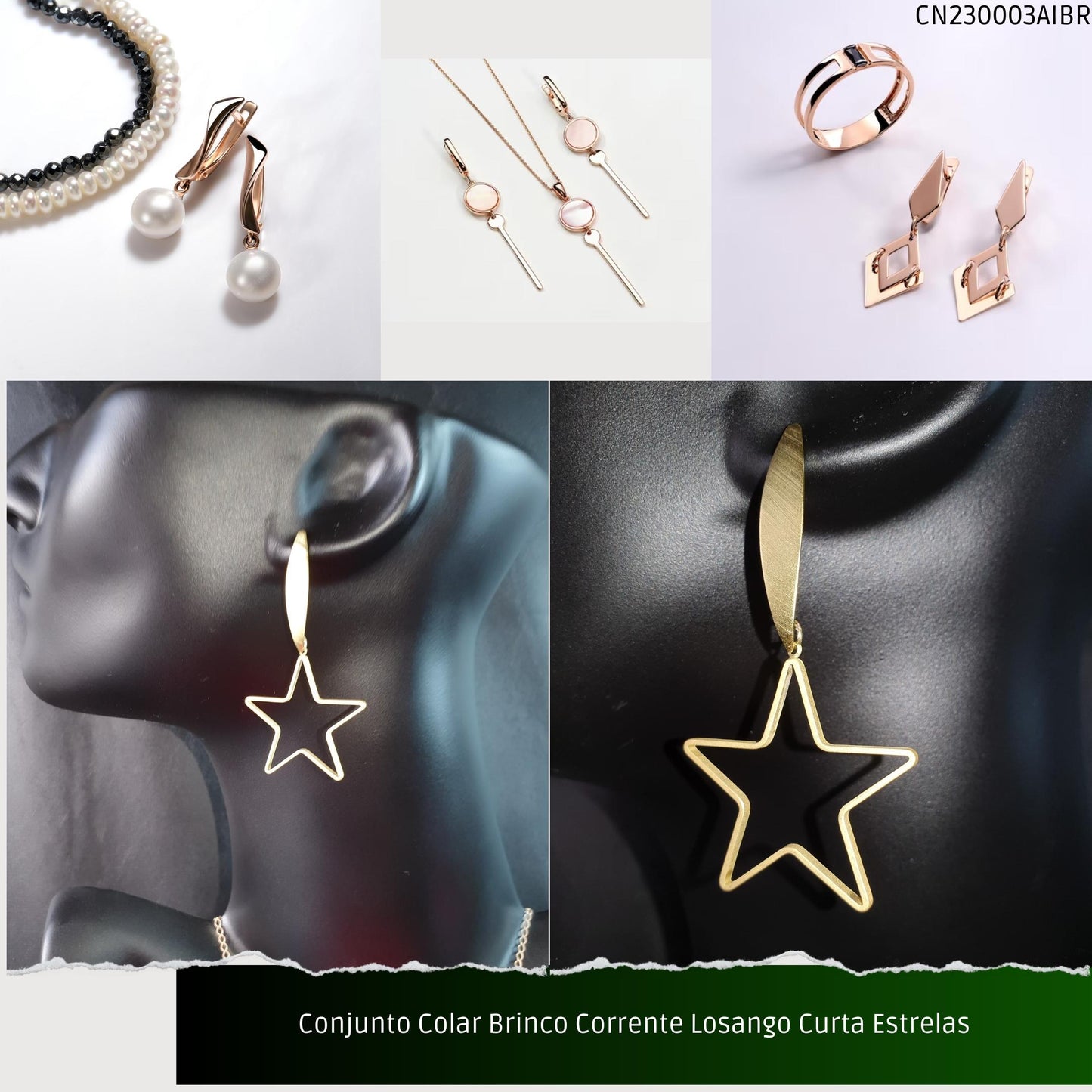 Conjunto Colar Brinco Corrente Losango Curta Estrelas  - Código.: CN230003AIBR  - Peso.: 13.6 gr