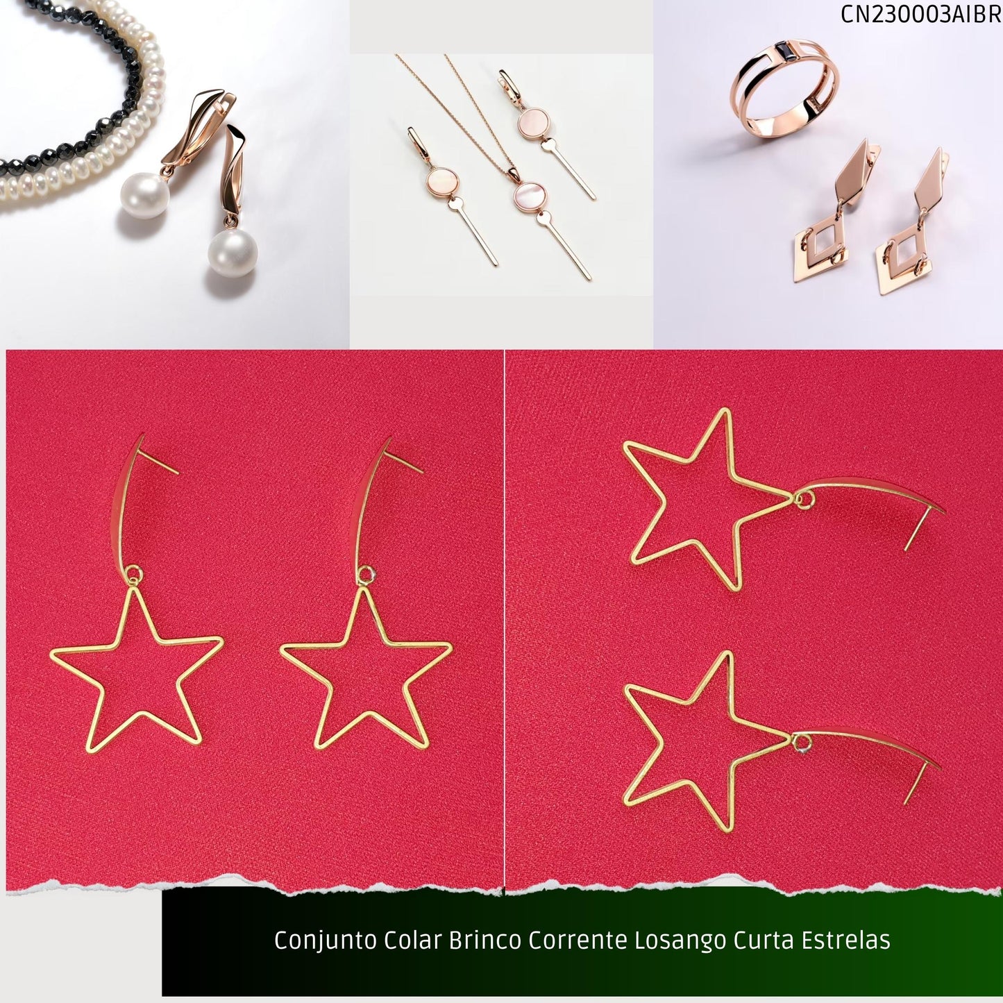 Conjunto Colar Brinco Corrente Losango Curta Estrelas  - Código.: CN230003AIBR  - Peso.: 13.6 gr