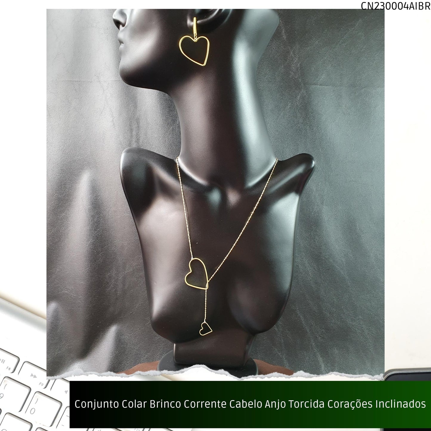 Conjunto Colar Brinco Corrente Cabelo Anjo Torcida Corações Inclinados  - Código.: CN230004AIBR  - Peso.: 8.6 gr
