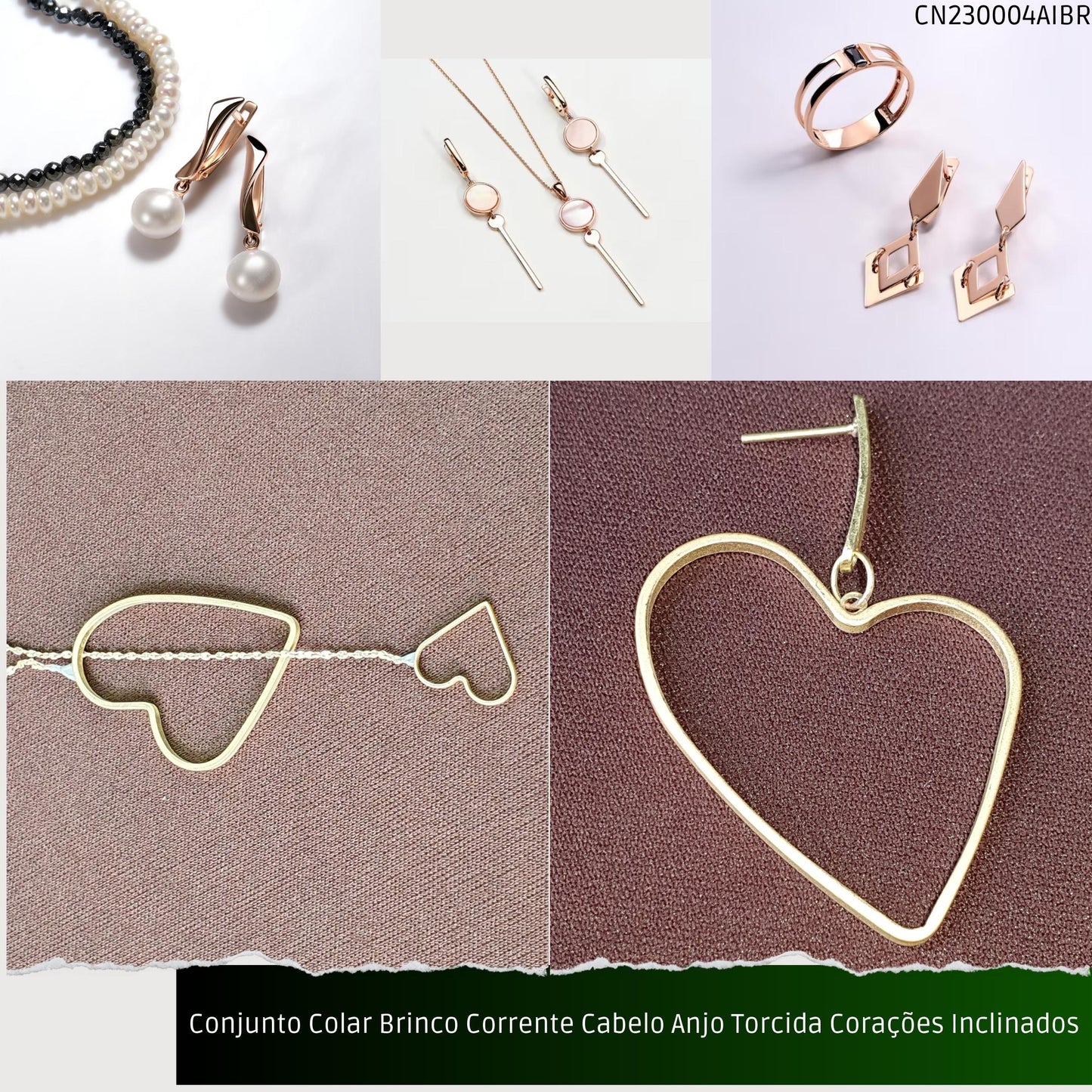 Conjunto Colar Brinco Corrente Cabelo Anjo Torcida Corações Inclinados  - Código.: CN230004AIBR  - Peso.: 8.6 gr