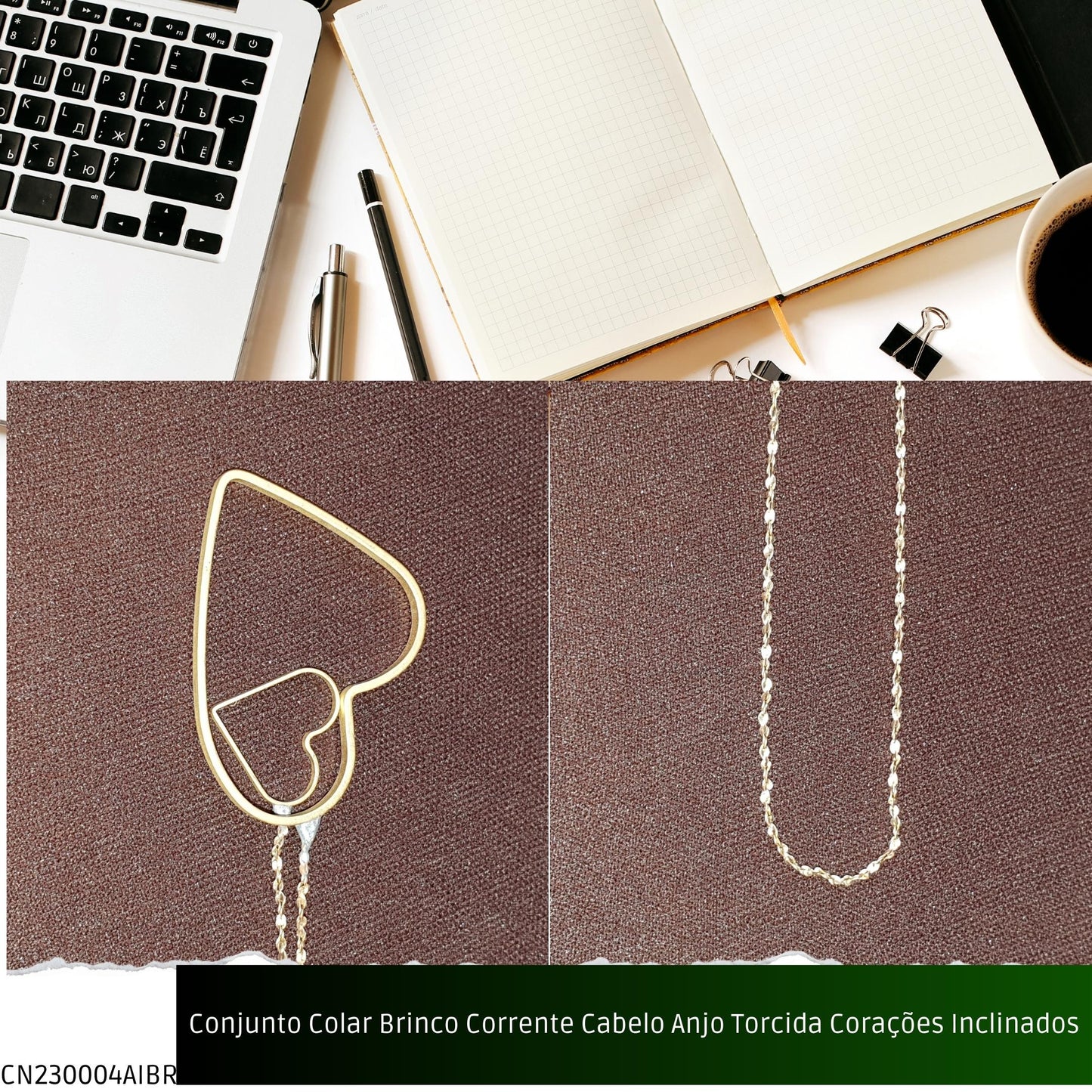 Conjunto Colar Brinco Corrente Cabelo Anjo Torcida Corações Inclinados  - Código.: CN230004AIBR  - Peso.: 8.6 gr
