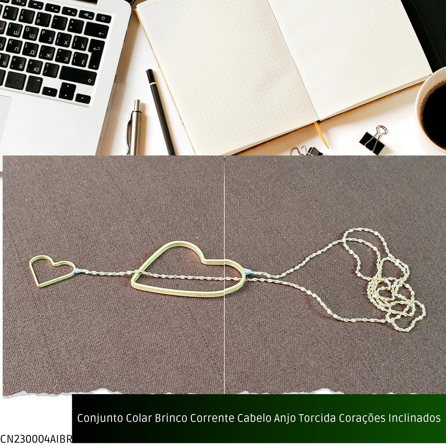 Conjunto Colar Brinco Corrente Cabelo Anjo Torcida Corações Inclinados  - Código.: CN230004AIBR  - Peso.: 8.6 gr