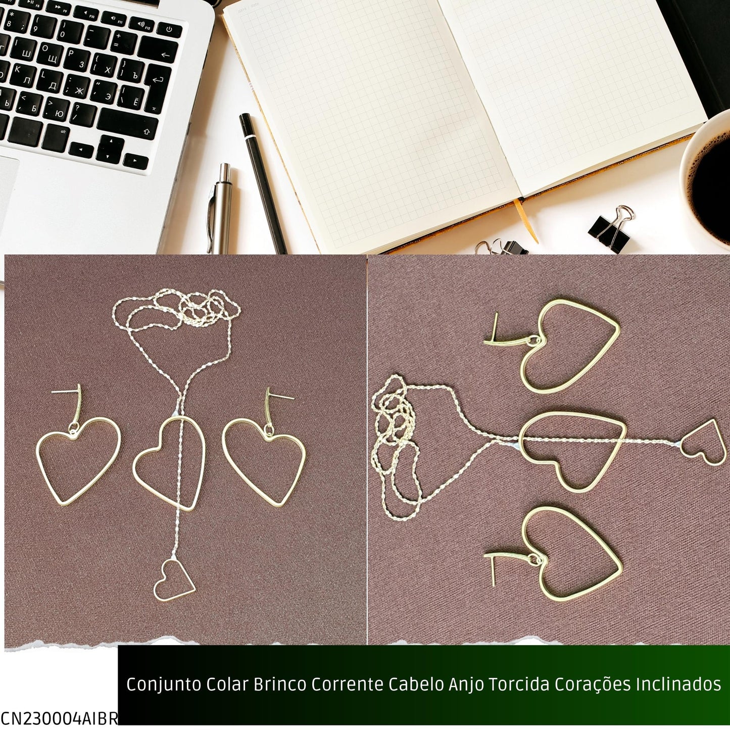 Conjunto Colar Brinco Corrente Cabelo Anjo Torcida Corações Inclinados  - Código.: CN230004AIBR  - Peso.: 8.6 gr