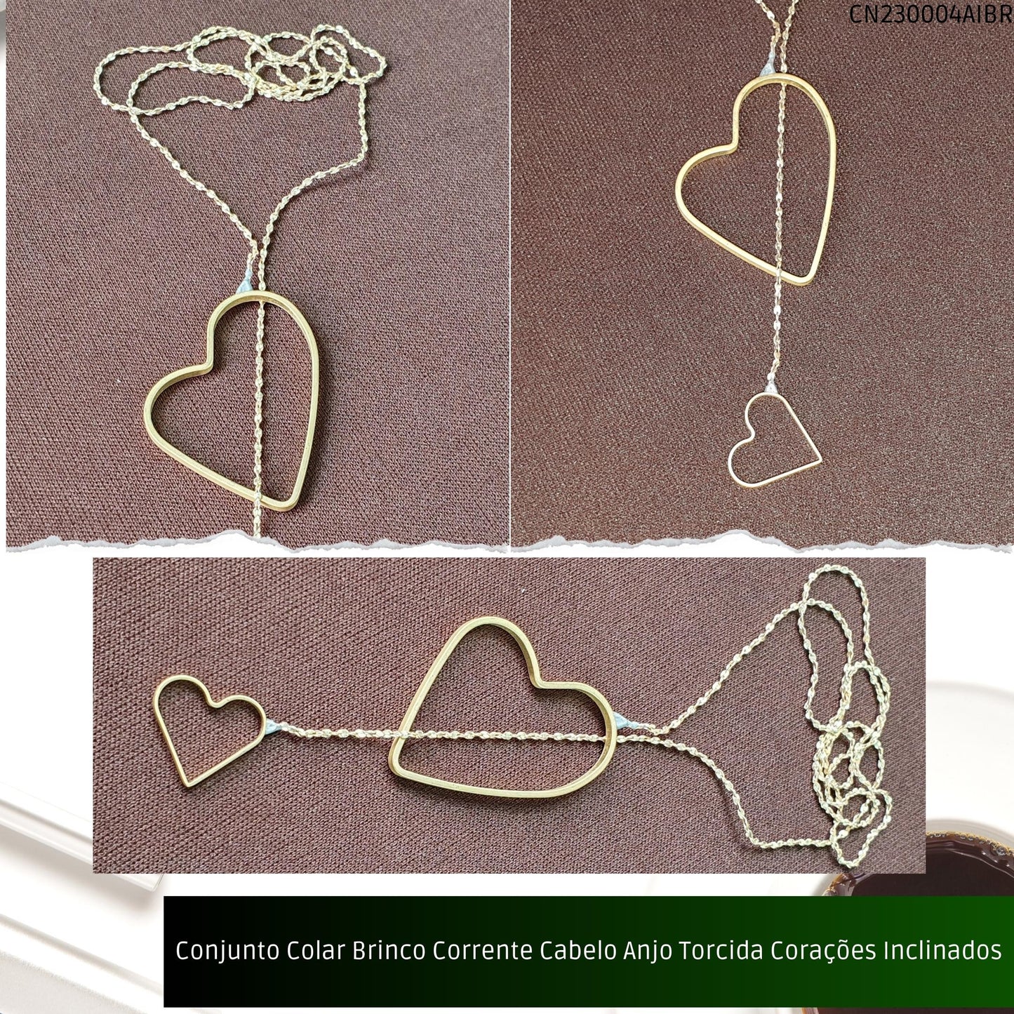 Conjunto Colar Brinco Corrente Cabelo Anjo Torcida Corações Inclinados  - Código.: CN230004AIBR  - Peso.: 8.6 gr