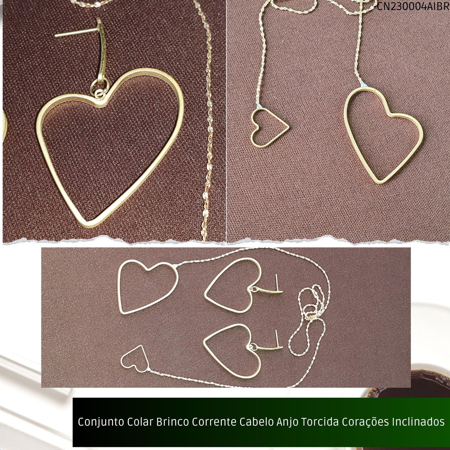 Conjunto Colar Brinco Corrente Cabelo Anjo Torcida Corações Inclinados  - Código.: CN230004AIBR  - Peso.: 8.6 gr