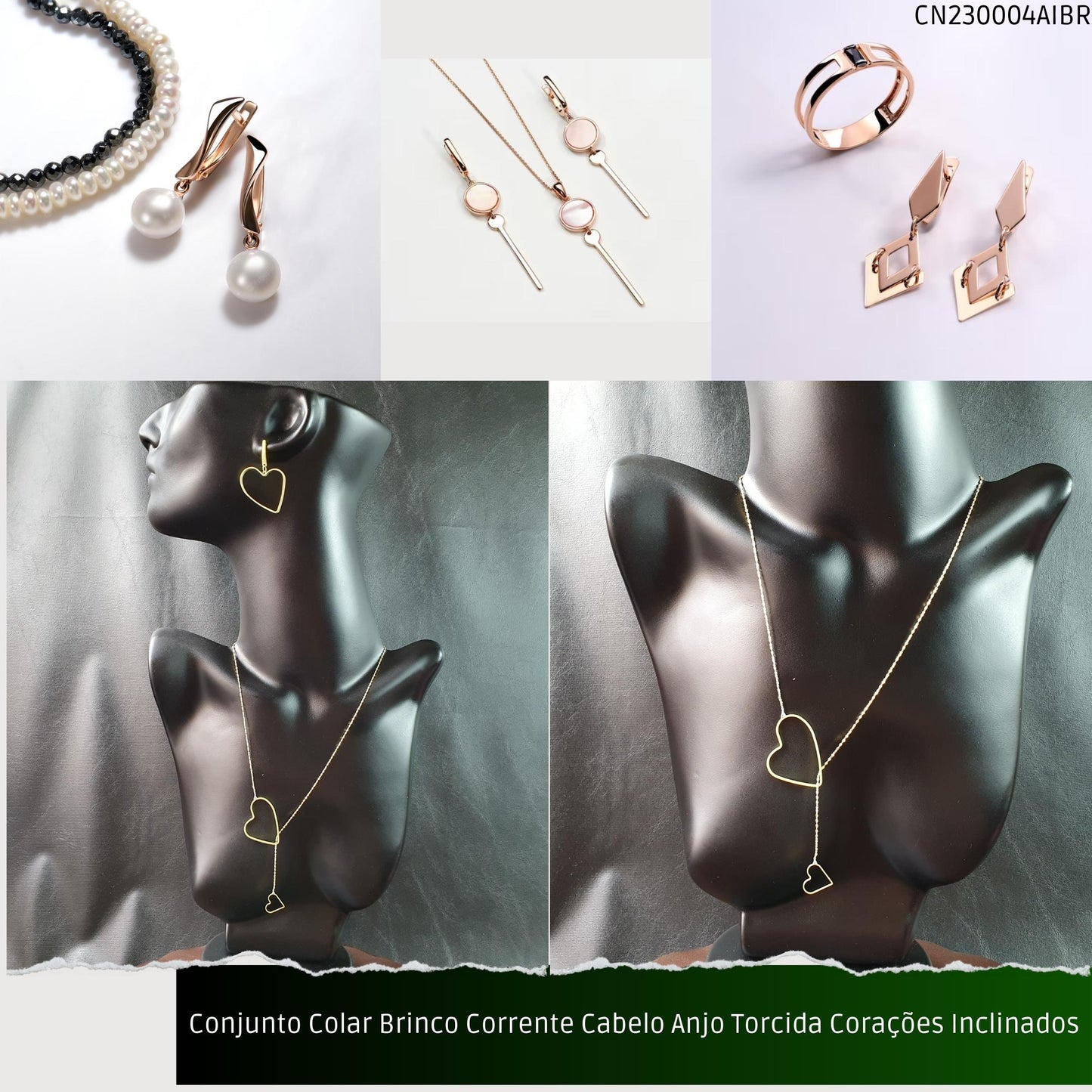 Conjunto Colar Brinco Corrente Cabelo Anjo Torcida Corações Inclinados  - Código.: CN230004AIBR  - Peso.: 8.6 gr
