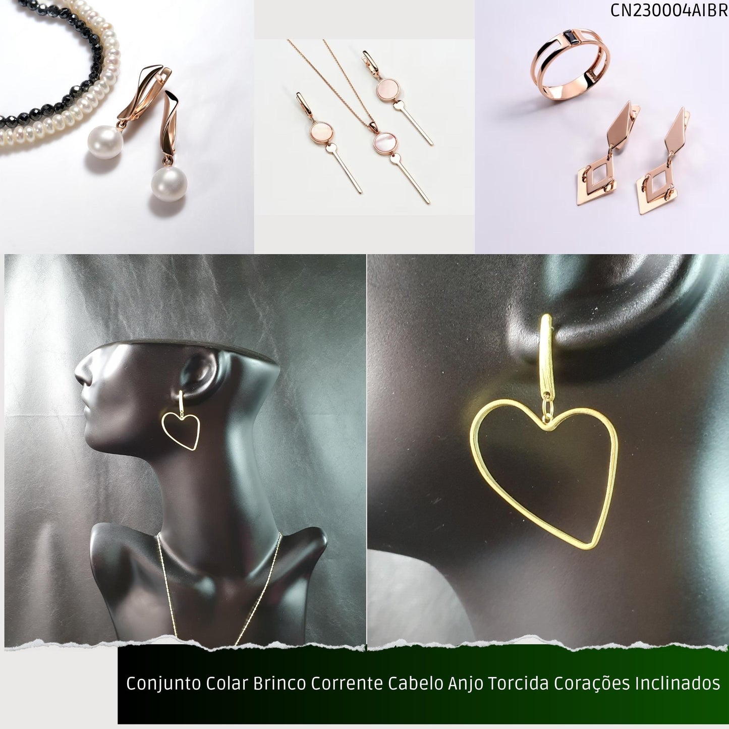 Conjunto Colar Brinco Corrente Cabelo Anjo Torcida Corações Inclinados  - Código.: CN230004AIBR  - Peso.: 8.6 gr