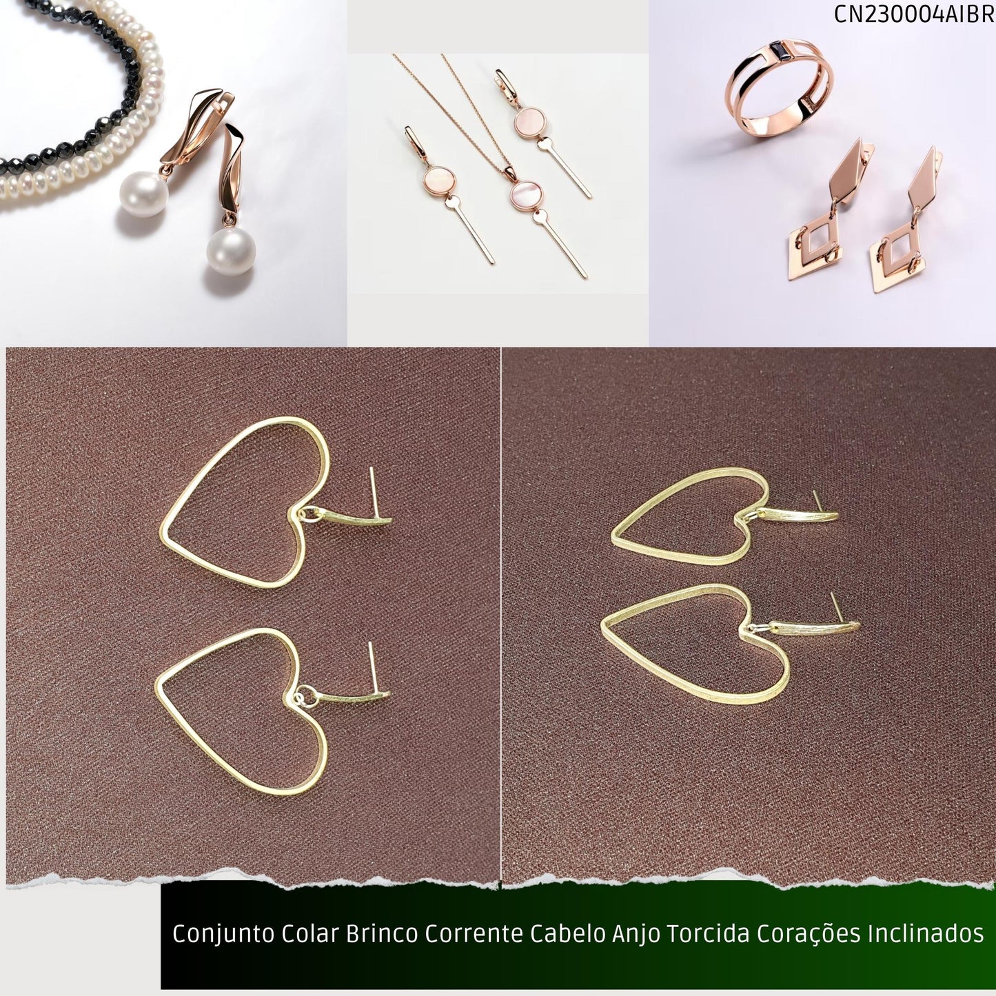 Conjunto Colar Brinco Corrente Cabelo Anjo Torcida Corações Inclinados  - Código.: CN230004AIBR  - Peso.: 8.6 gr