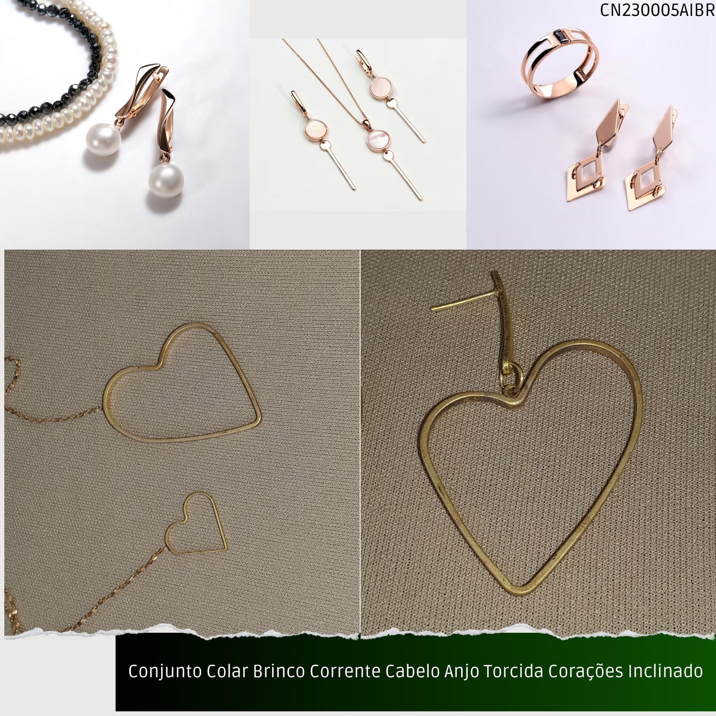 Conjunto Colar Brinco Corrente Cabelo Anjo Torcida Corações Inclinado  - Código.: CN230005AIBR  - Peso.: 8.2 gr