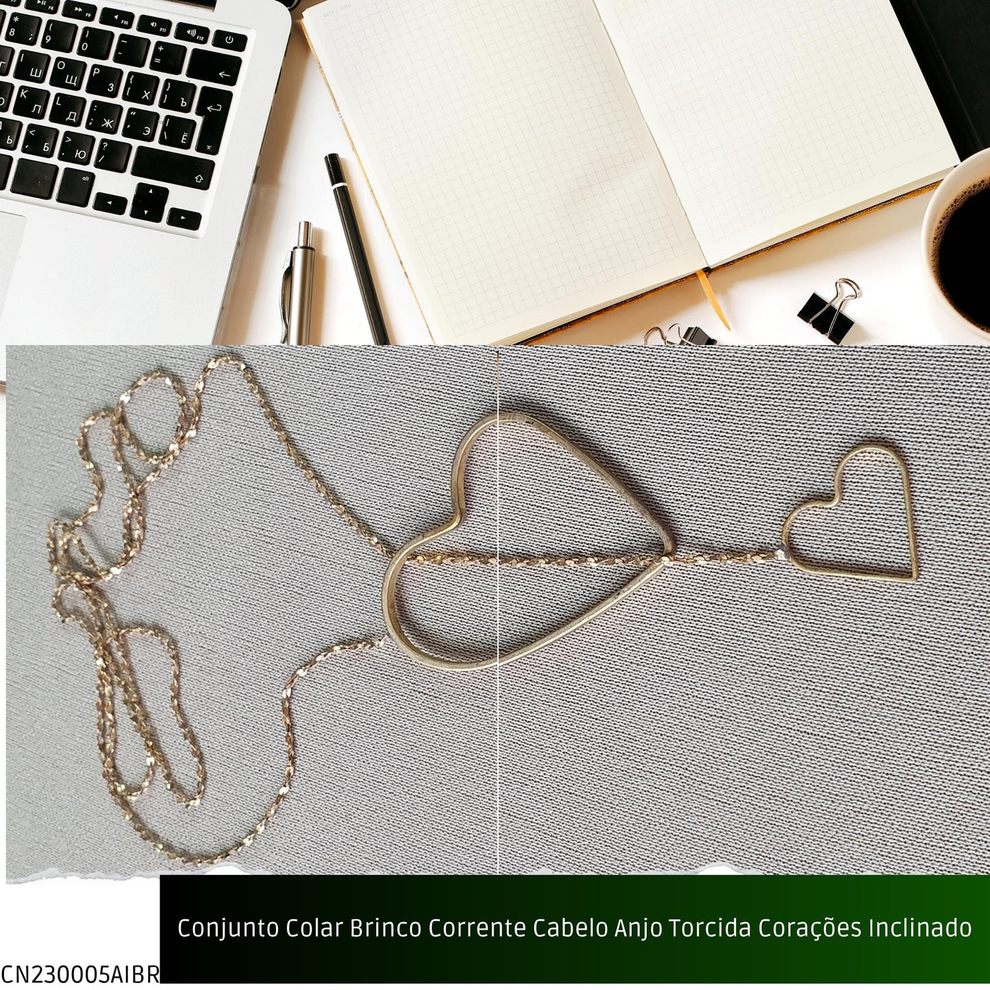 Conjunto Colar Brinco Corrente Cabelo Anjo Torcida Corações Inclinado  - Código.: CN230005AIBR  - Peso.: 8.2 gr