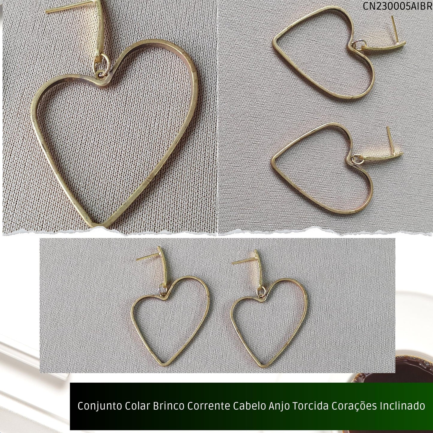 Conjunto Colar Brinco Corrente Cabelo Anjo Torcida Corações Inclinado  - Código.: CN230005AIBR  - Peso.: 8.2 gr