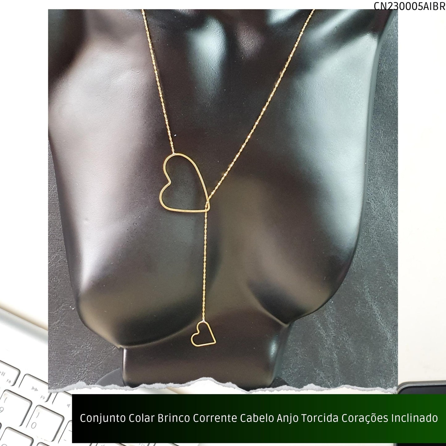 Conjunto Colar Brinco Corrente Cabelo Anjo Torcida Corações Inclinado  - Código.: CN230005AIBR  - Peso.: 8.2 gr
