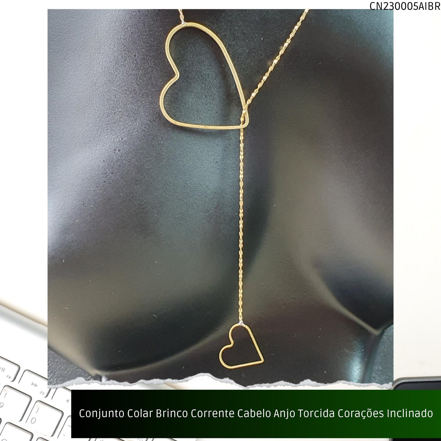 Conjunto Colar Brinco Corrente Cabelo Anjo Torcida Corações Inclinado  - Código.: CN230005AIBR  - Peso.: 8.2 gr