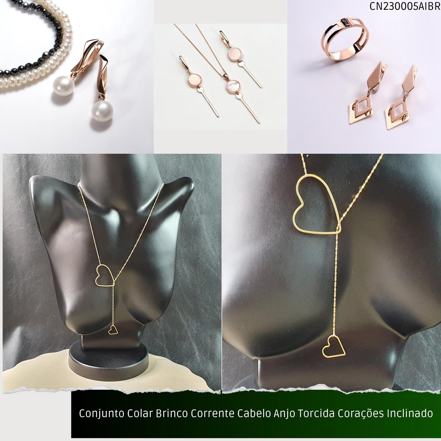 Conjunto Colar Brinco Corrente Cabelo Anjo Torcida Corações Inclinado  - Código.: CN230005AIBR  - Peso.: 8.2 gr