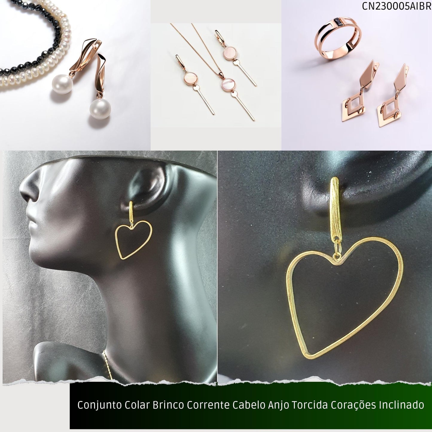 Conjunto Colar Brinco Corrente Cabelo Anjo Torcida Corações Inclinado  - Código.: CN230005AIBR  - Peso.: 8.2 gr