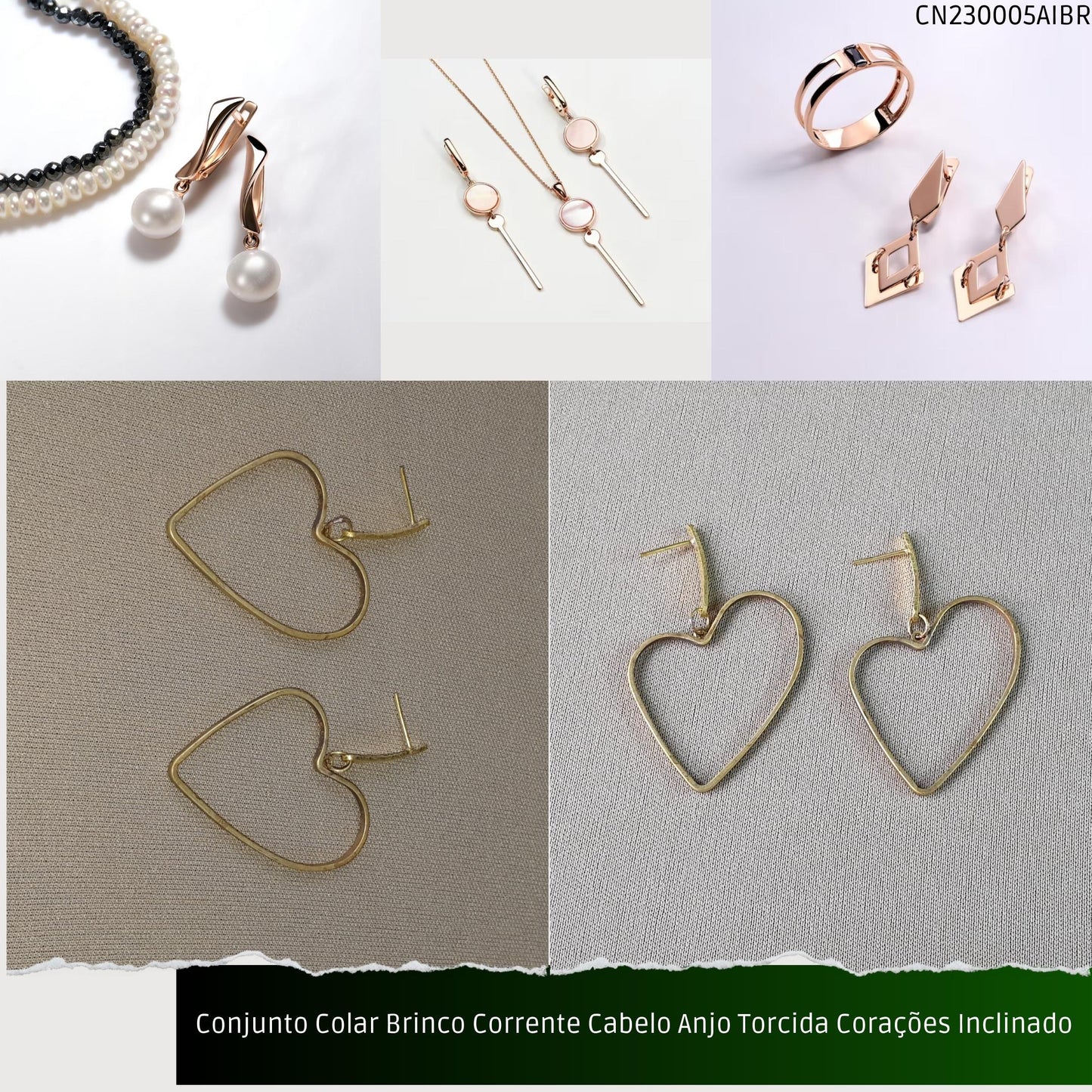Conjunto Colar Brinco Corrente Cabelo Anjo Torcida Corações Inclinado  - Código.: CN230005AIBR  - Peso.: 8.2 gr